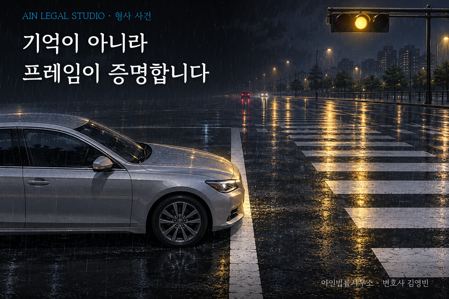 비 오는 밤 교차로, 신호등 가운데 노란불이 켜진 순간 정지선 위에 걸친 자동차 앞범퍼를 그린 삽화 — 「기억이 아니라 프레임이 증명합니다」라는 글귀가 얹힌 이미지