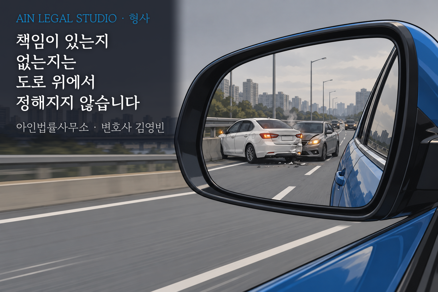 사이드미러 속에 뒤쪽 연쇄 추돌 사고가 비치는 운전 장면의 삽화 — 「책임이 있는지 없는지는 도로 위에서 정해지지 않습니다」라는 글귀가 얹힌 이미지