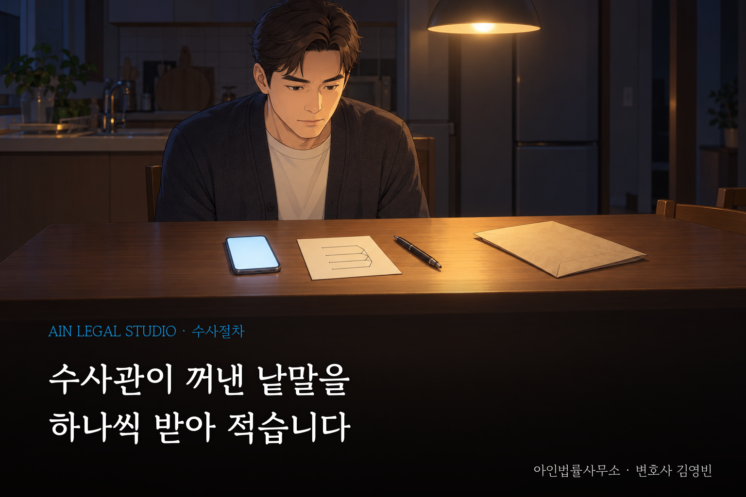 밤 식탁에 앉은 사람 앞에 놓인, 통화를 마친 휴대전화와 질문을 적은 메모를 그린 삽화 — 「수사관이 꺼낸 낱말을 하나씩 받아 적습니다」라는 글귀가 얹힌 이미지