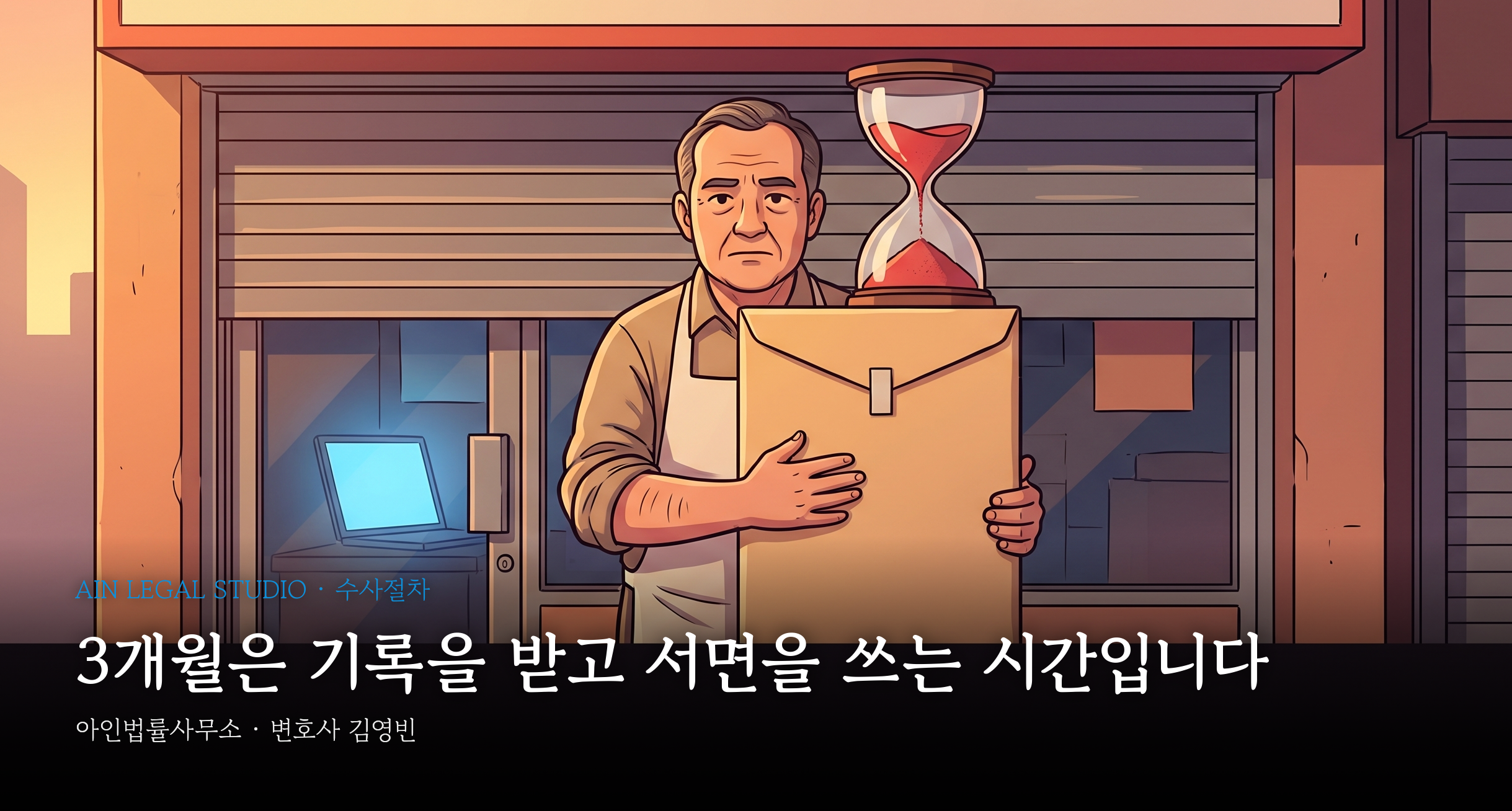 불송치 통지서를 받아 든 음식점 사장과 모래시계 — 3개월은 기록을 받고 서면을 쓰는 시간이라는 가상 삽화