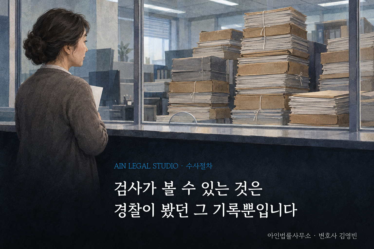 경찰서 창구 앞에서 얇은 종이 한 장을 쥔 중년 여성과 유리 너머 사람 키만큼 쌓인 기록철을 그린 삽화 — 「검사가 볼 수 있는 것은 경찰이 봤던 그 기록뿐입니다」라는 글귀가 얹힌 이미지