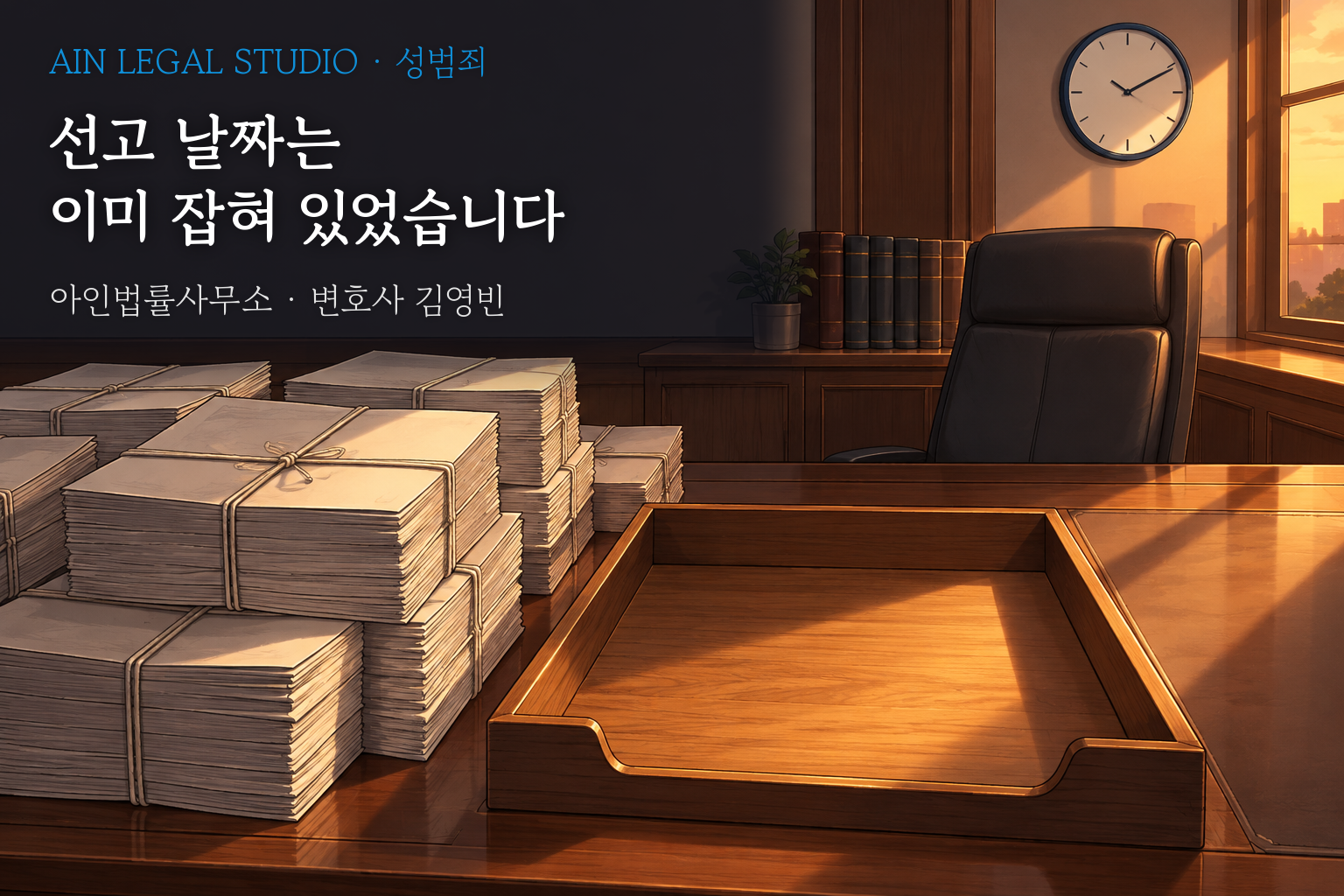 판사 집무실 책상 위에 쌓인 서면 묶음과 비어 있는 서류 받침, 벽시계를 그린 삽화 — 「선고 날짜는 이미 잡혀 있었습니다」라는 글귀가 얹힌 이미지