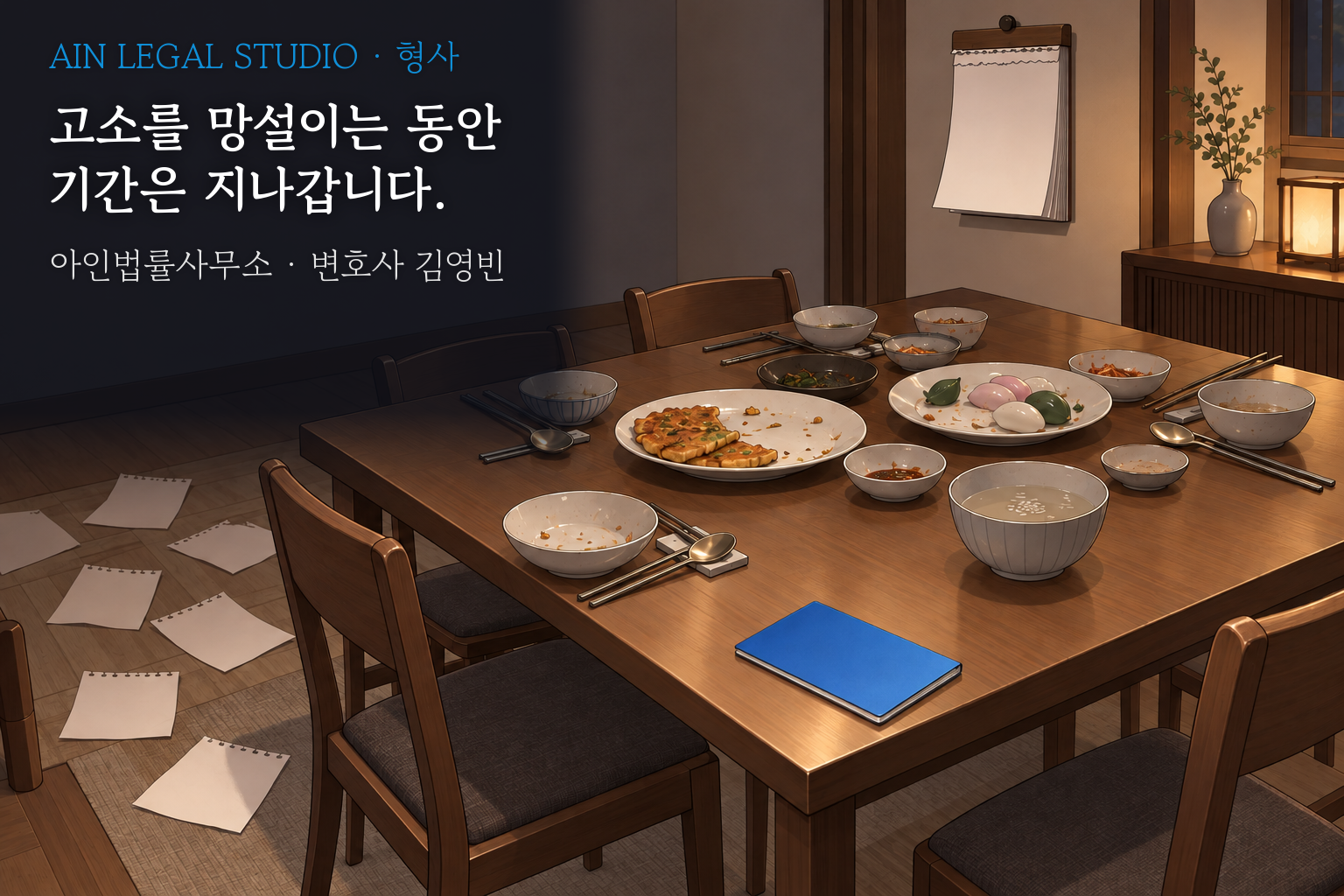 명절 뒤 치우지 않은 식탁 위에 놓인 파란 통장과 바닥에 흩어진 일력 종이를 그린 삽화 — 「고소를 망설이는 동안 기간은 지나갑니다」라는 글귀가 얹힌 이미지