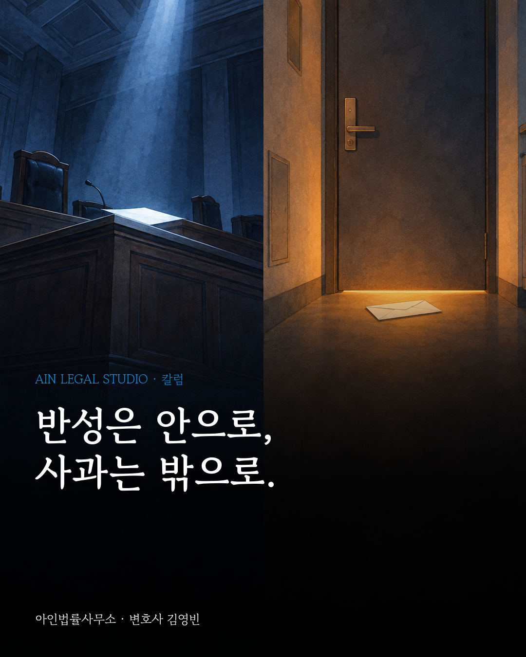 빈 법대 위 흰 종이에 푸른 빛이 내리고, 맞은편 현관문 앞 봉투에 주황빛이 새어 드는 두 장면을 나란히 그린 칼럼 대표 그림 — 「반성은 안으로, 사과는 밖으로.」라는 글귀가 얹힌 이미지