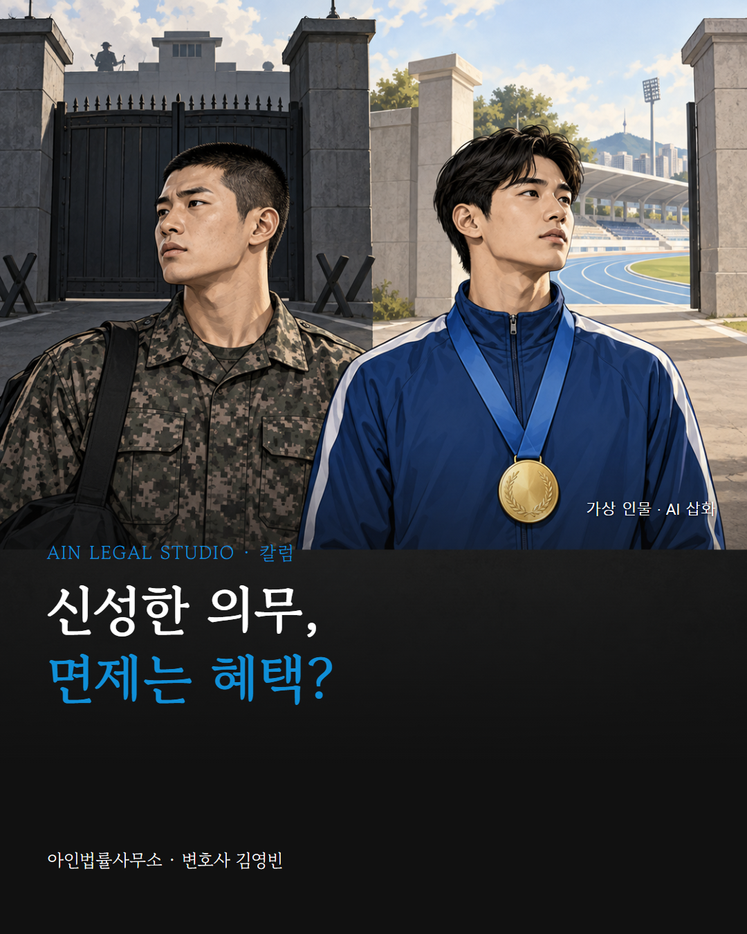 군부대 정문 앞에 군복 차림의 청년과 금메달을 건 운동선수가 나란히 선 그림 — 「신성한 의무, 면제는 혜택?」이라는 글귀가 얹힌 칼럼 대표 이미지