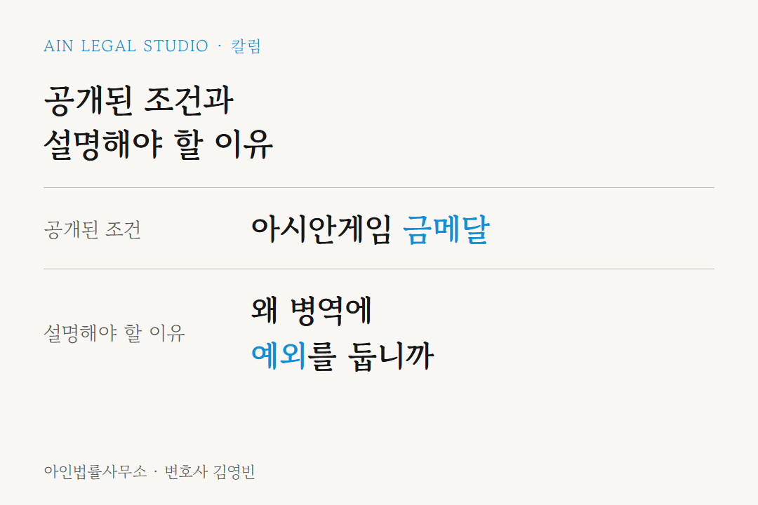 공개된 조건인 아시안게임 금메달과, 설명해야 할 이유인 병역에 예외를 두는 까닭을 나란히 놓은 도해