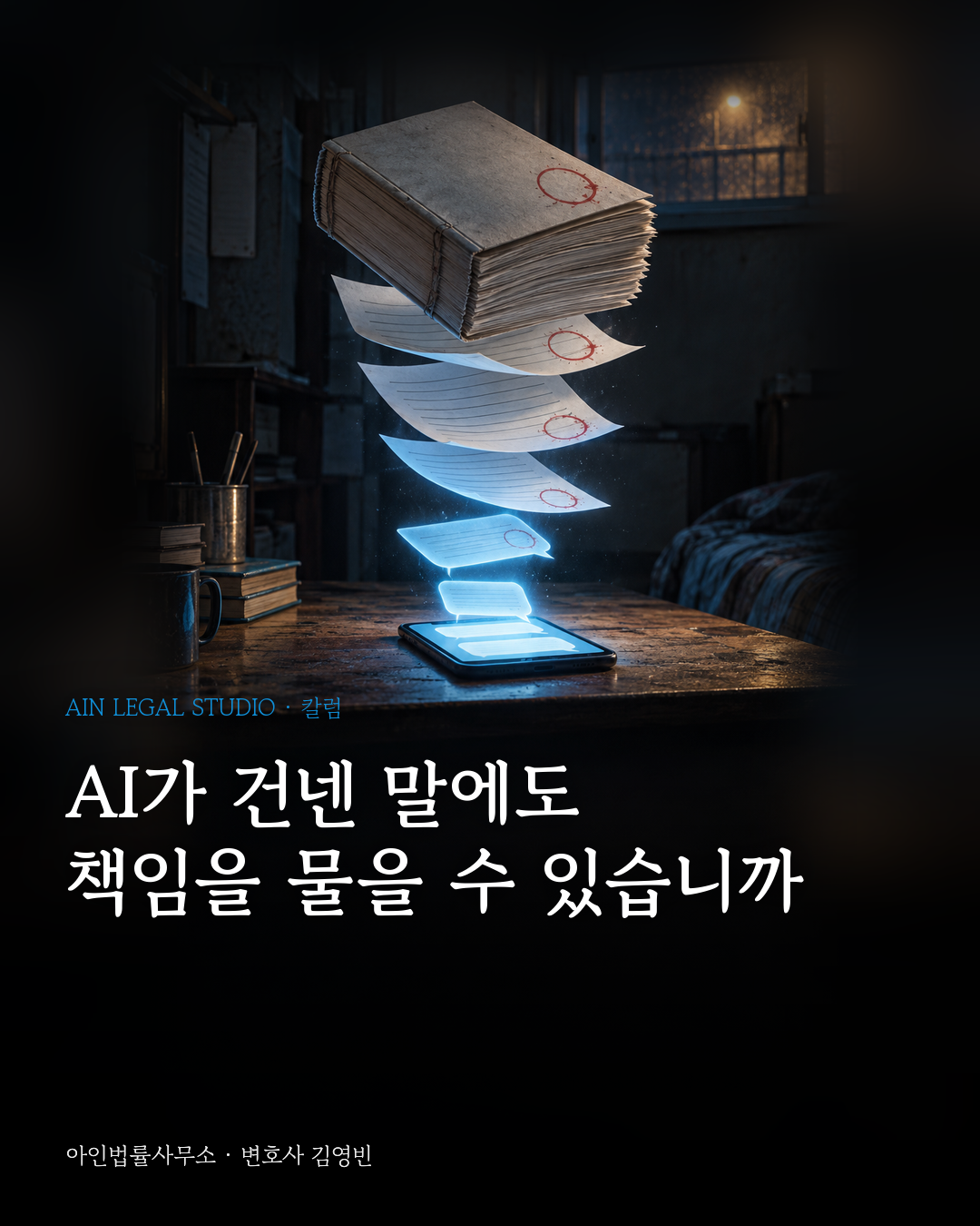 밤 반지하방 책상 위 휴대전화에서 피어오른 말풍선 빛이 붉은 도장이 찍힌 서류로 바뀌어 법전처럼 쌓이는 칼럼 대표 그림 — 「AI가 건넨 말에도 책임을 물을 수 있습니까」라는 글귀가 얹힌 이미지