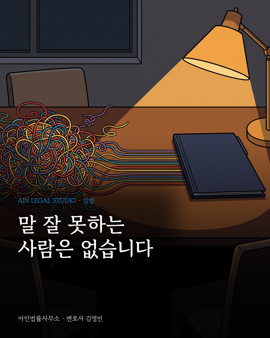 스탠드 불빛이 비치는 밤의 상담 테이블 위, 여러 색으로 엉킨 실타래에서 풀려 나온 실이 가지런히 서류철로 이어지는 장면 — 「말 잘 못하는 / 사람은 없습니다」라는 글귀가 얹힌 카툰