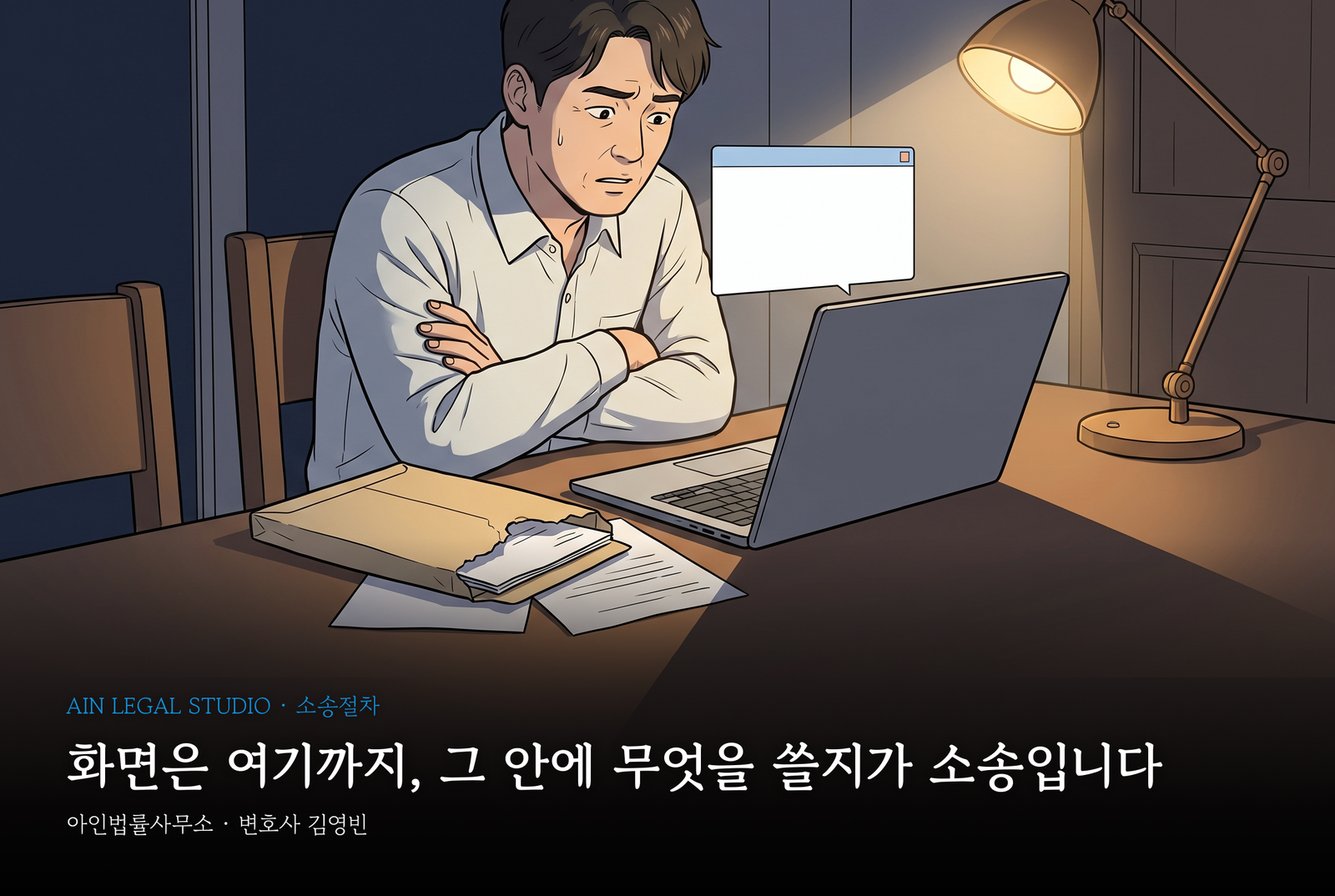 밤에 식탁에서 소장 봉투를 옆에 두고 노트북의 빈 알림창 앞에 팔짱을 낀 남성 — 화면은 여기까지, 그 안에 무엇을 쓸지가 소송이라는 삽화