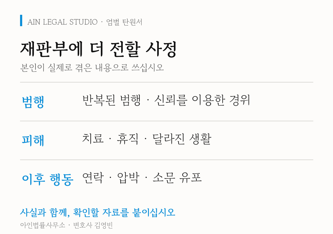 재판부에 더 전할 사정 — 범행(반복된 범행·신뢰를 이용한 경위), 피해(치료·휴직·달라진 생활), 이후 행동(연락·압박·소문 유포)을 본인이 실제로 겪은 내용으로 쓰고, 사실과 함께 확인할 자료를 붙이라는 도해