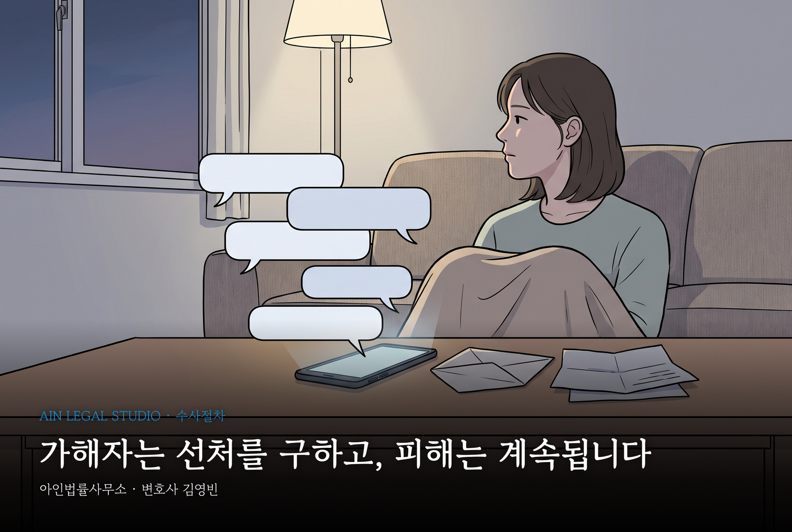 저녁 거실 소파에 담요를 덮고 앉은 여성과 탁자 위 휴대폰에서 줄지어 떠오르는 메시지 말풍선, 뜯어 놓은 봉투와 서류 — 「가해자는 선처를 구하고, 피해는 계속됩니다」라는 글귀가 얹힌 삽화