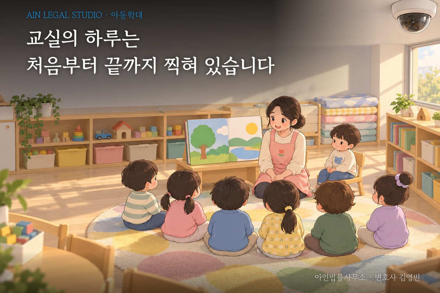 천장 모서리에 CCTV가 달린 어린이집 교실에서 보육교사가 그림책을 펼쳐 아이들에게 읽어 주는 평범한 오후를 그린 삽화 — 「교실의 하루는 처음부터 끝까지 찍혀 있습니다」라는 글귀가 얹힌 이미지