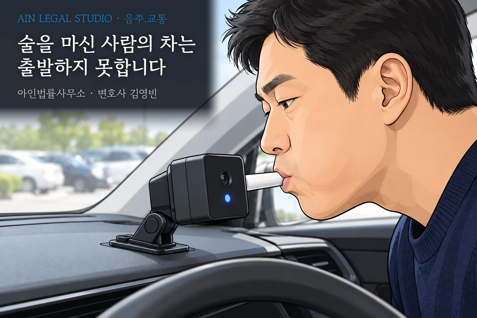 운전석에서 계기판 위 음주운전 방지장치에 숨을 불어 넣는 운전자를 그린 삽화 — 「술을 마신 사람의 차는 출발하지 못합니다」라는 글귀가 얹힌 이미지