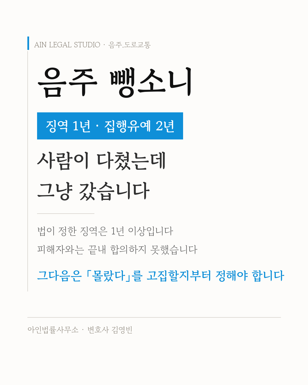 음주 뺑소니 — 징역 1년 · 집행유예 2년, 법이 정한 징역은 1년 이상이고 피해자와는 끝내 합의하지 못했으며 그다음은 「몰랐다」를 고집할지부터 정해야 한다는 요지를 적은 정보 카드