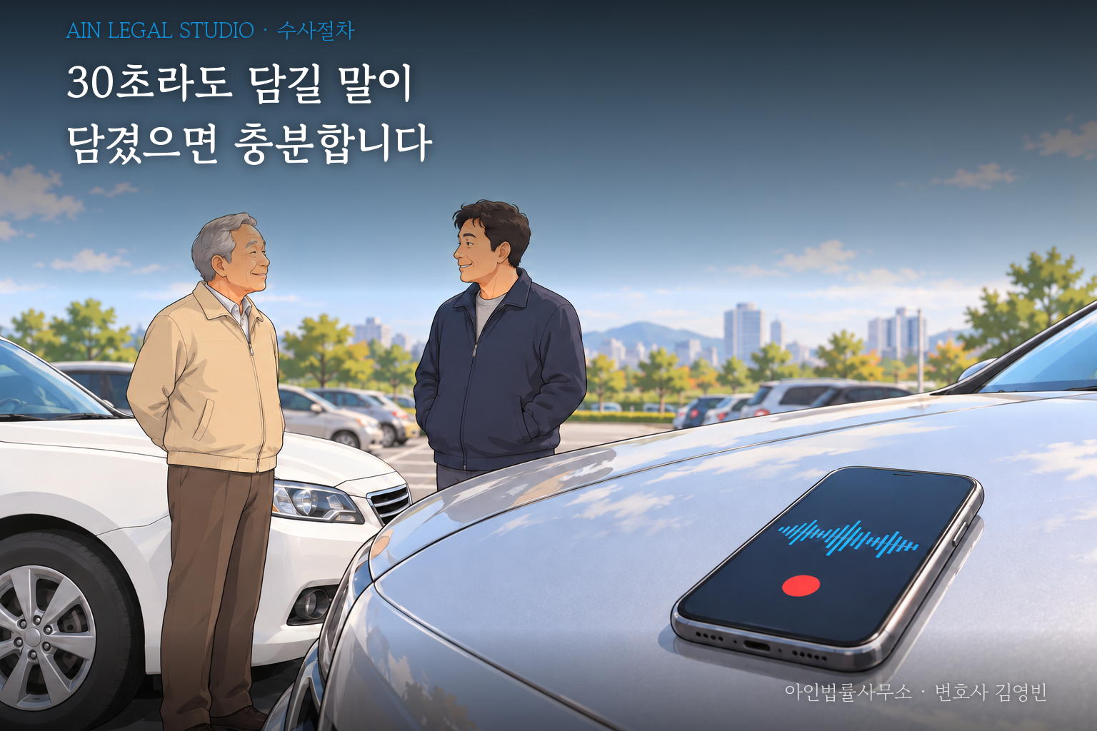 마트 주차장에서 두 운전자가 이야기하는 사이, 자동차 보닛 위에서 녹음 중인 휴대전화를 그린 삽화 — 「30초라도 담길 말이 담겼으면 충분합니다」라는 글귀가 얹힌 이미지