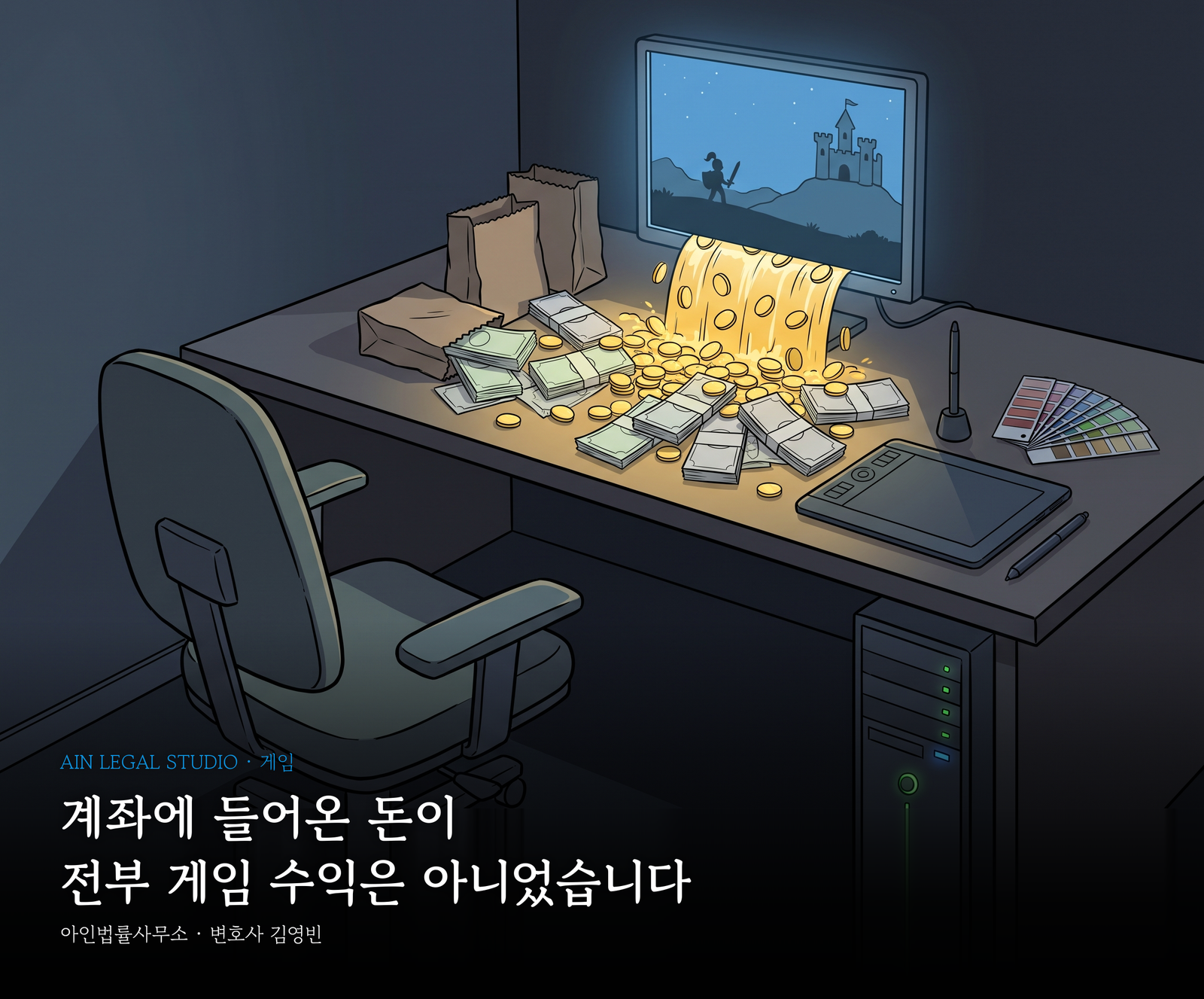 밤의 작은 방 — 모니터 속 판타지 성과 기사 실루엣, 화면에서 쏟아진 금화가 지폐 묶음·종이봉투와 한 더미로 쌓이고, 빈 의자·펜 태블릿·색 견본·서버 불빛이 보이는 장면에 「계좌에 들어온 돈이 / 전부 게임 수익은 아니었습니다」라는 글귀가 얹힌 삽화