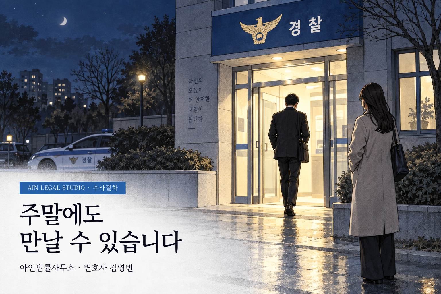 밤에도 변호인 접견을 위해 경찰서로 들어가는 변호사