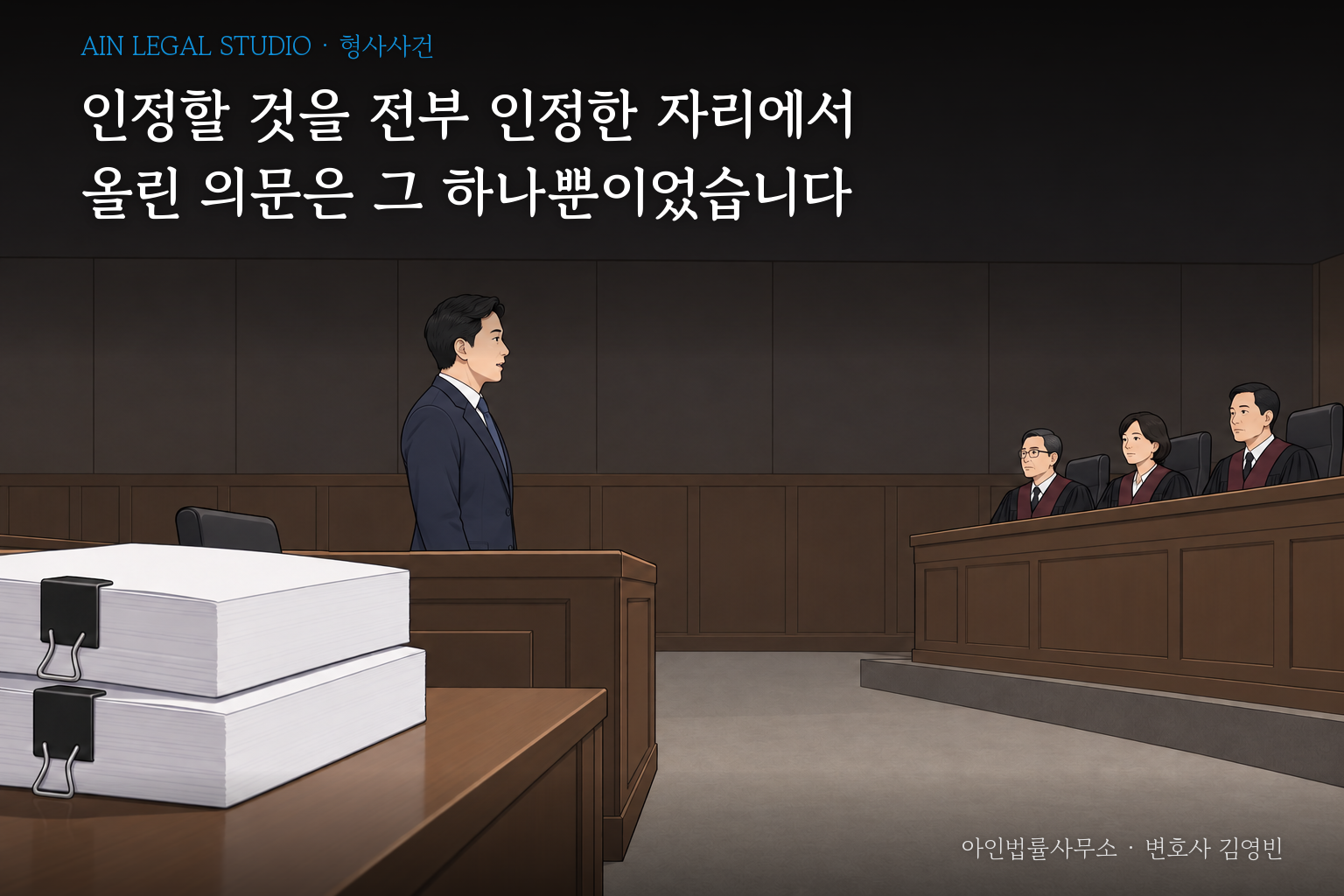 덮어 둔 서면 묶음 두 권 너머, 서류 없이 일어서서 재판부에 말하는 변호인을 그린 법정 삽화 — 「인정할 것을 전부 인정한 자리에서 올린 의문은 그 하나뿐이었습니다」라는 글귀가 얹힌 이미지