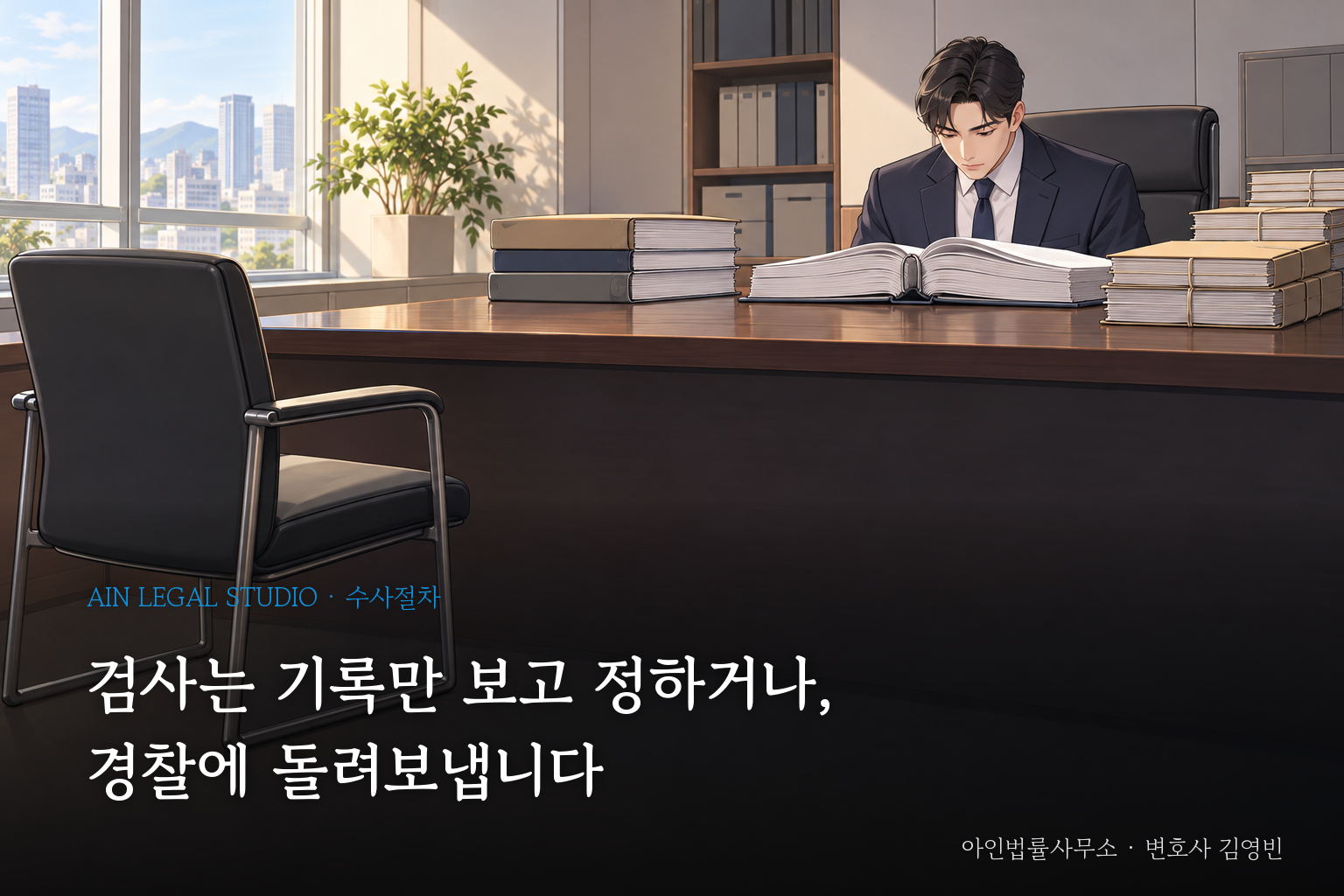 공소청 검사실에서 펼친 기록철을 읽는 검사와 비어 있는 조사용 의자를 그린 삽화 — 「검사는 기록만 보고 정하거나, 경찰에 돌려보냅니다」라는 글귀가 얹힌 이미지