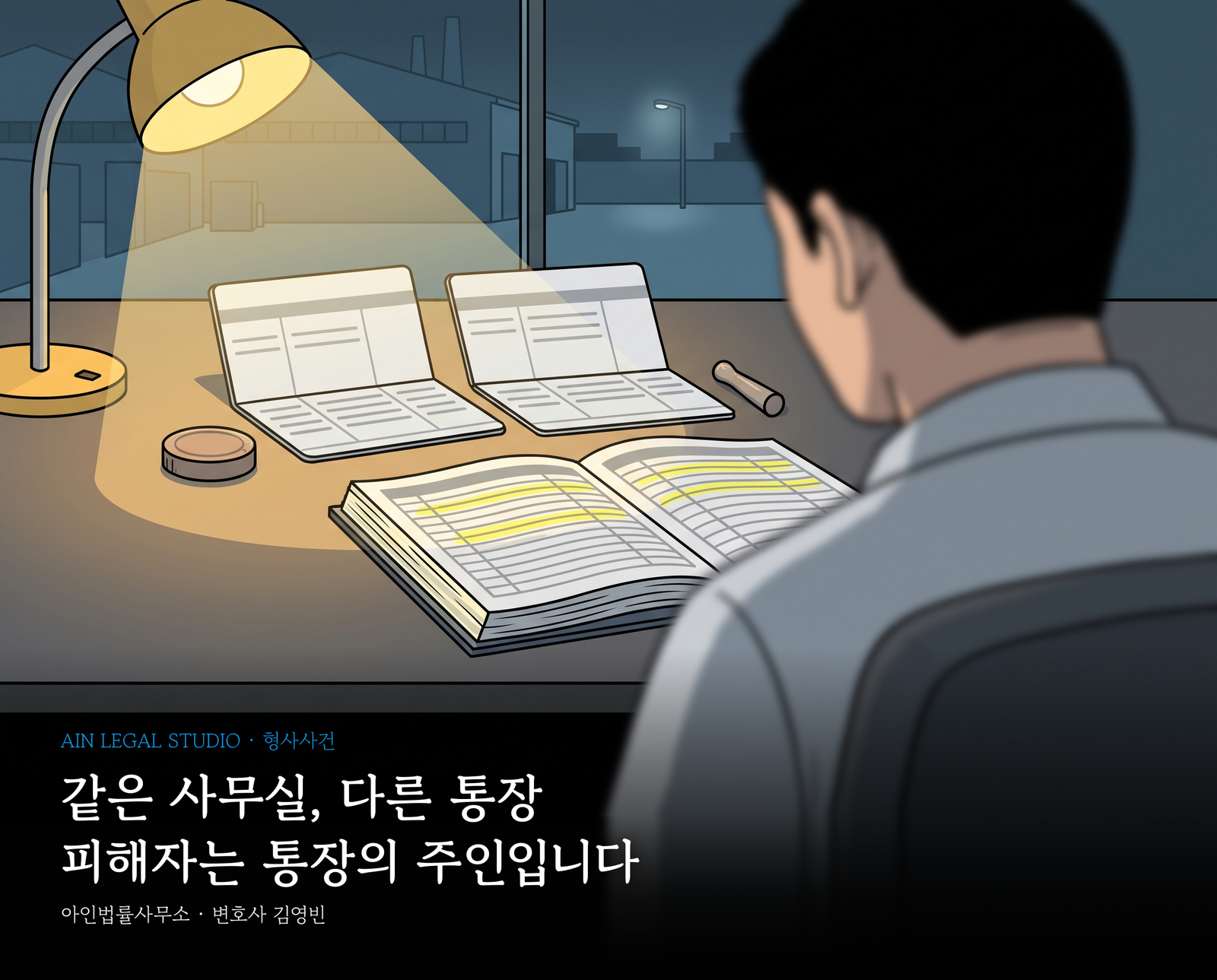 밤의 공장 사무실 — 대표의 흐린 어깨 너머 책상 위에 놓인 통장 2권과 모양이 다른 도장 2개, 형광펜을 칠한 장부 — 「같은 사무실, 다른 통장 / 피해자는 통장의 주인입니다」라는 글귀가 얹힌 삽화