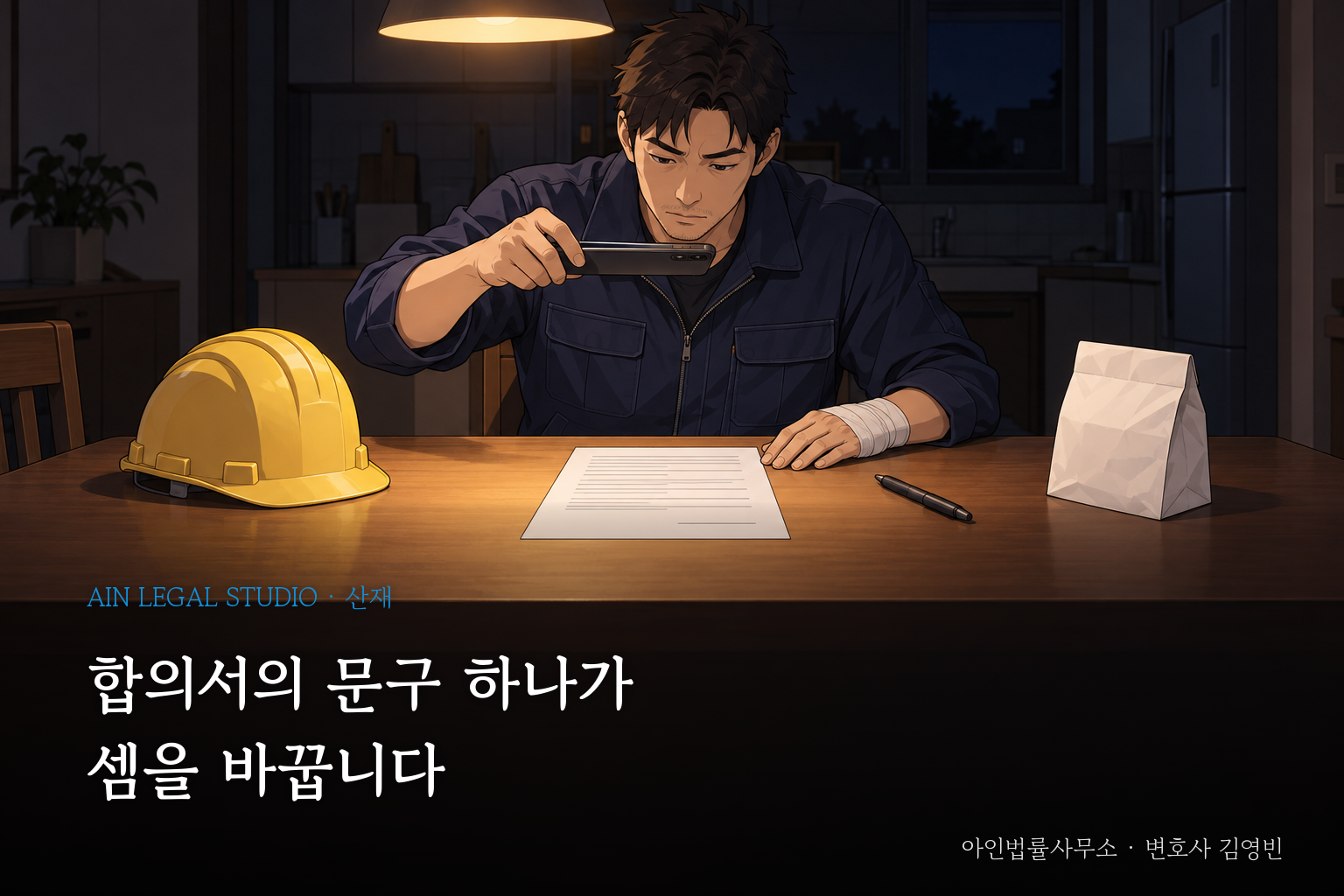 밤 식탁에서 손목에 붕대를 감은 근로자가 서명 전 합의서를 휴대폰으로 촬영하는 장면의 삽화 — 「합의서의 문구 하나가 셈을 바꿉니다」라는 글귀가 얹힌 이미지