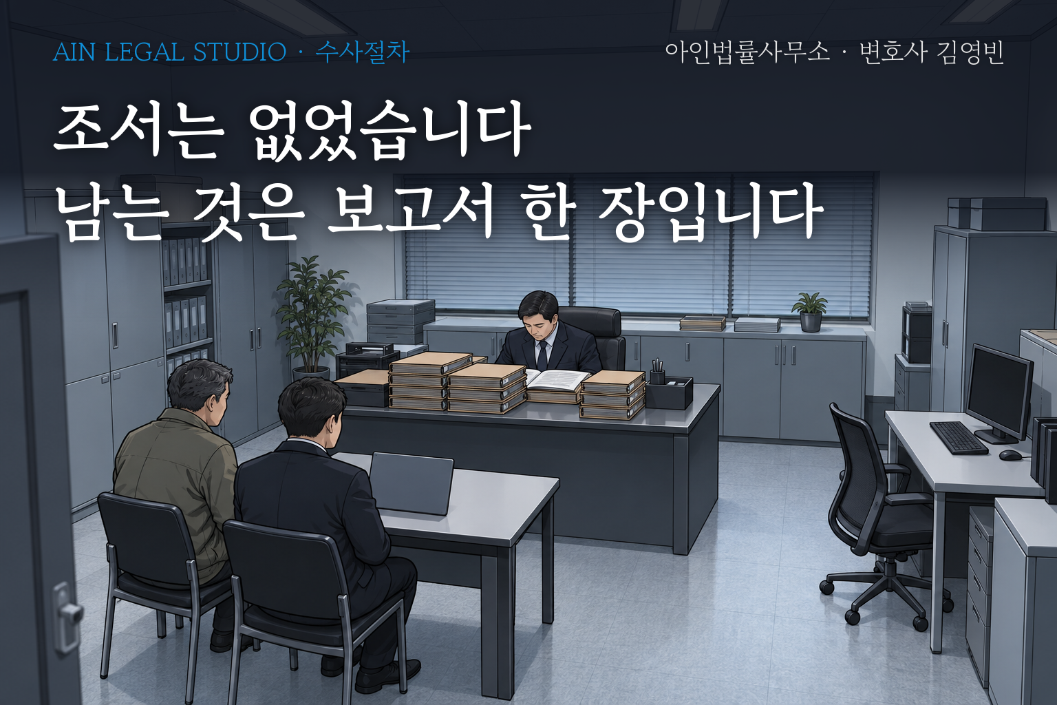 공소청 검사실에서 검사와 피의자·변호인이 마주 앉은 면담 장면 — 「조서는 없었습니다, 남는 것은 보고서 한 장입니다」라는 글귀가 얹힌 삽화