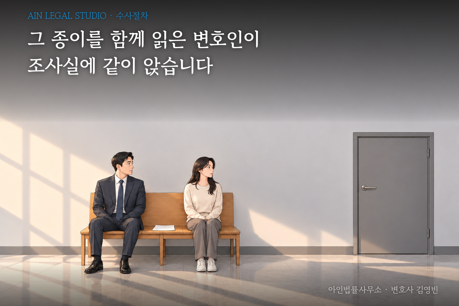 조사실 문 앞 복도 벤치에 변호사와 의뢰인이 종이 한 장을 사이에 두고 앉은 장면을 그린 삽화 — 「그 종이를 함께 읽은 변호인이 조사실에 같이 앉습니다」라는 글귀가 얹힌 이미지