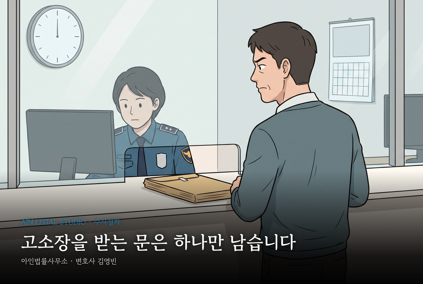경찰서 민원실 창구에 서류 봉투를 올려놓은 남성과 창구 너머 경찰관, 벽의 시계와 달력 — 고소장을 받는 문은 하나만 남는다는 삽화