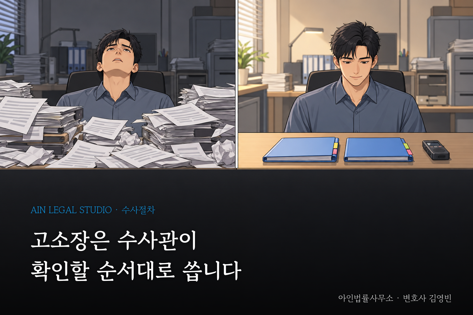 같은 수사관 앞에 헝클어진 서류 더미와 정리된 서류철 2권·녹음기가 놓인 장면을 나란히 그린 삽화 — 「고소장은 수사관이 확인할 순서대로 씁니다」라는 글귀가 얹힌 이미지