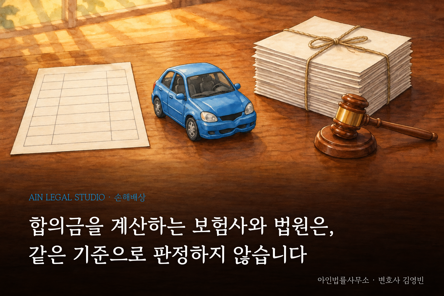 찌그러진 파란 장난감 차와 표가 적힌 종이 한 장, 묶은 서류와 법봉을 그린 삽화 — 「합의금을 계산하는 보험사와 법원은, 같은 기준으로 판정하지 않습니다」라는 글귀가 얹힌 이미지