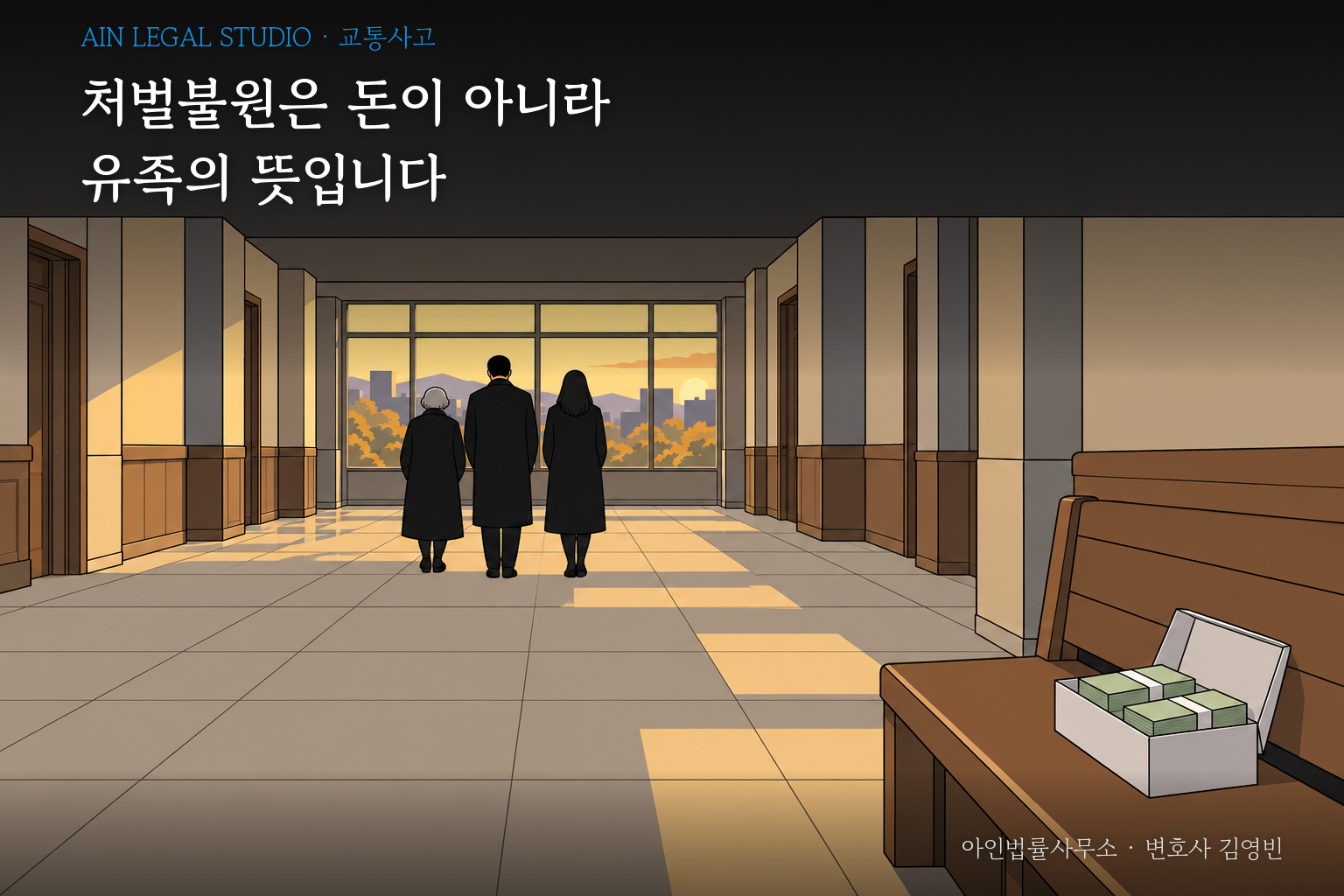 법원 복도 벤치 위에 홀로 남은 돈 상자와 빛 쪽으로 걸어가는 상복 차림 유족 셋의 뒷모습을 그린 삽화 — 「처벌불원은 돈이 아니라 유족의 뜻입니다」라는 글귀가 얹힌 이미지