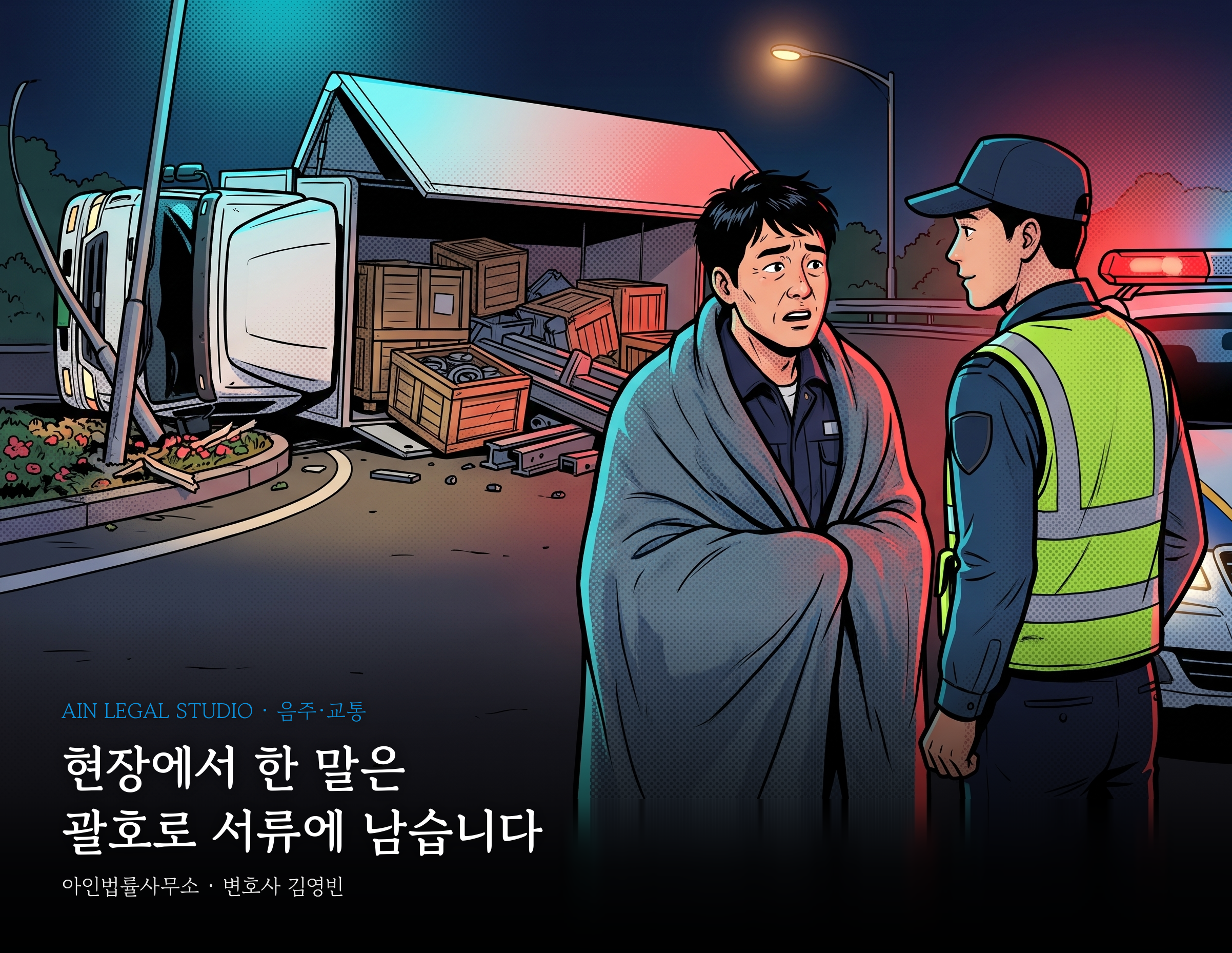 넘어진 윙바디 화물차 앞에서 담요를 두른 기사가 경찰에게 말하는 장면의 삽화 — 「현장에서 한 말은 괄호로 서류에 남습니다」라는 글귀가 얹힌 이미지