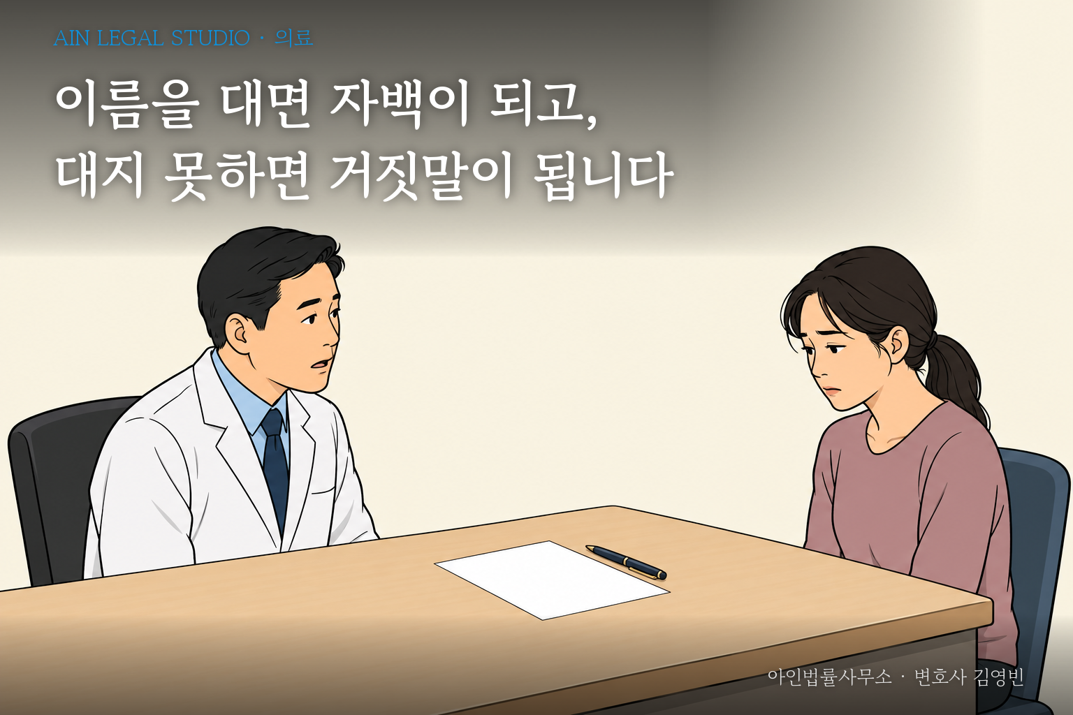 진료실에서 마주 앉은 의사와 환자 사이, 책상 위 빈 진단서 종이와 내려놓은 펜을 그린 클리어라인 삽화 — 「이름을 대면 자백이 되고, 대지 못하면 거짓말이 됩니다」라는 글귀가 얹힌 이미지