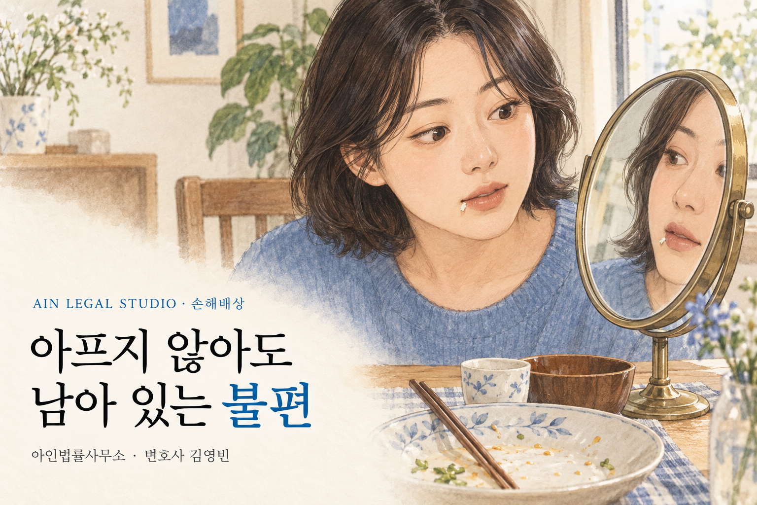 거울을 보고 입술에 묻은 음식물을 알아차리는 장면