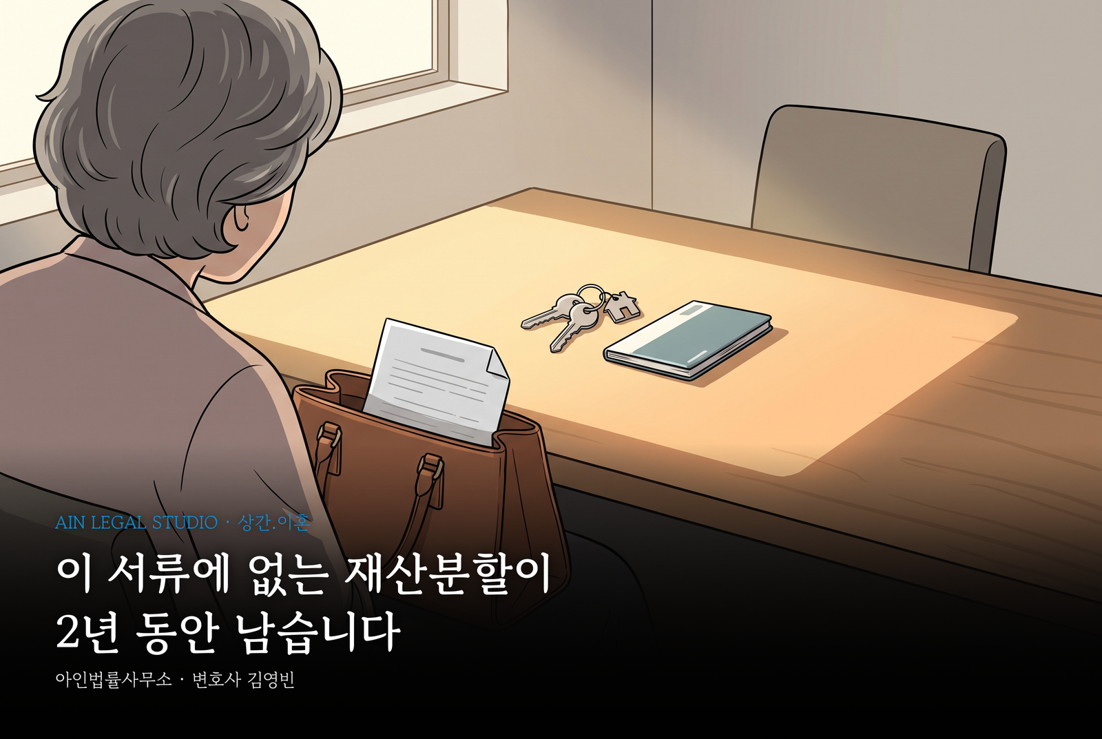 창가 탁자 앞에 앉은 여성의 뒷모습, 가방에 도로 넣은 신청서와 탁자 위의 열쇠·통장 — 「이 서류에 없는 재산분할이 2년 동안 남습니다」라는 글귀가 얹힌 삽화