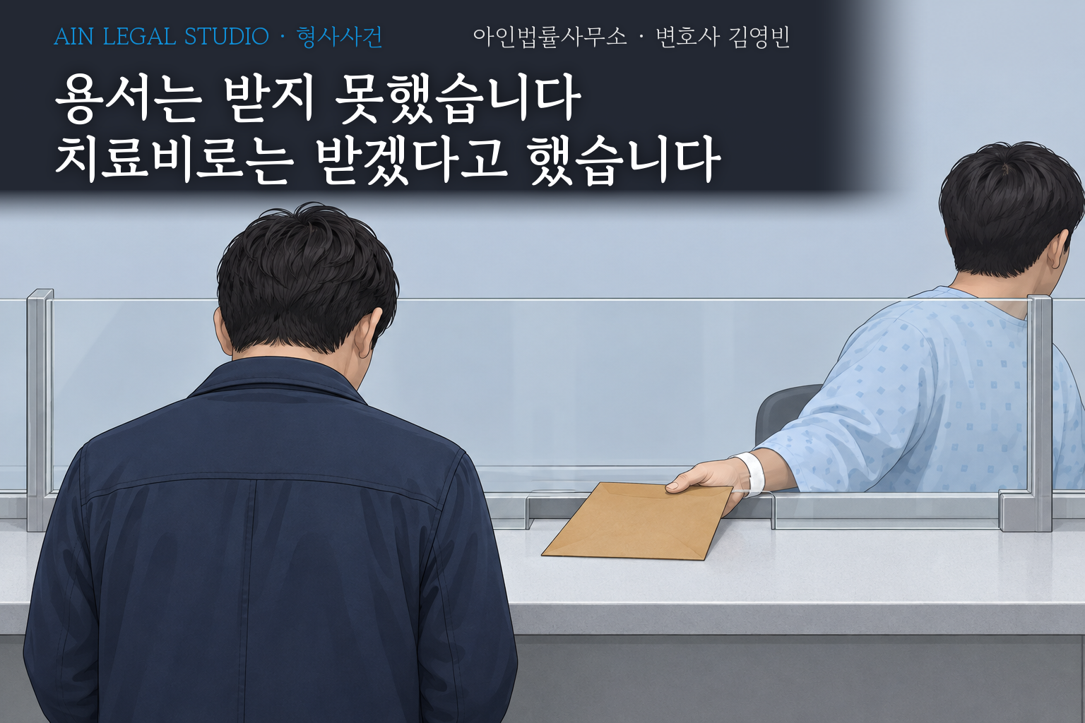 공탁소 창구에서 돌아보지 않은 채 한 손으로 봉투를 받는 사람을 그린 삽화 — 「용서는 받지 못했습니다, 치료비로는 받겠다고 했습니다」라는 글귀가 얹힌 이미지