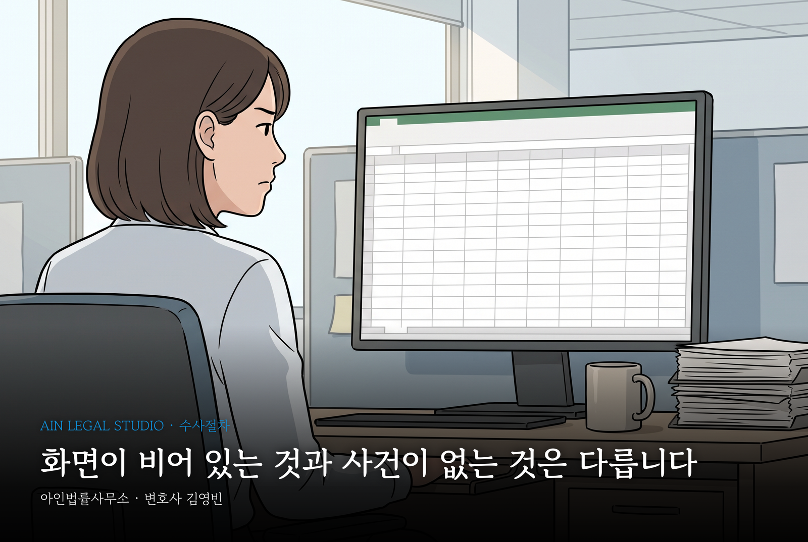 사무실 자리에서 모니터의 빈 조회 화면을 바라보는 여성의 뒷모습 — 화면이 비어 있는 것과 사건이 없는 것은 다르다는 삽화