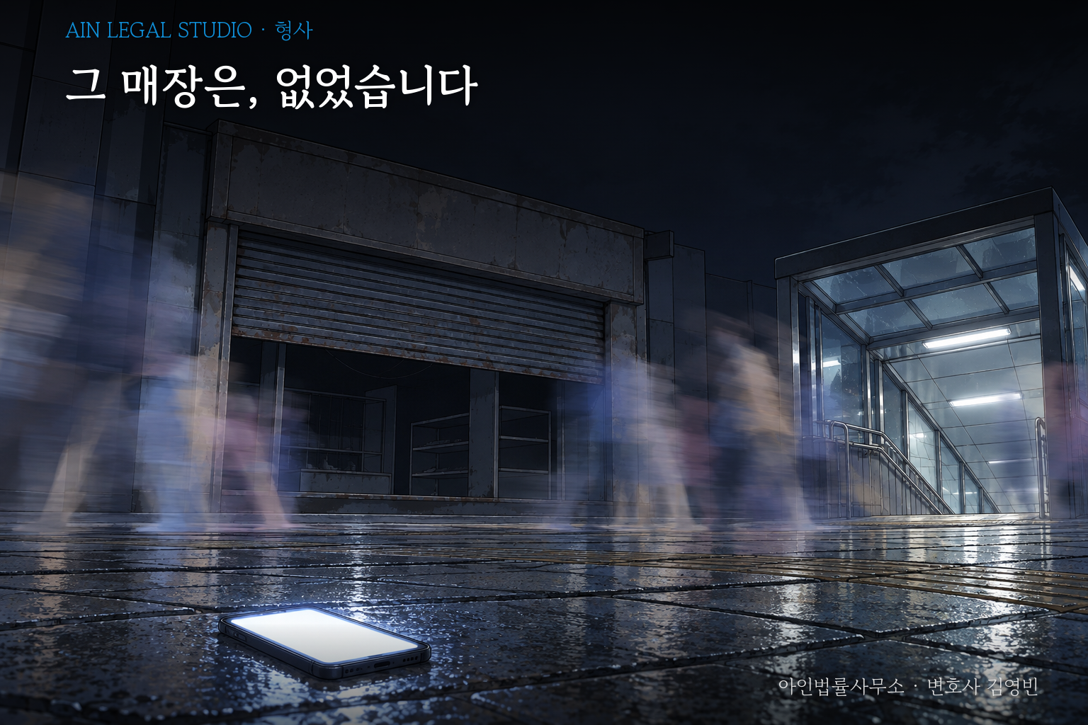 밤 지하철역 출입구 옆 셔터가 내려진 빈 매장 앞을 사람들이 흐릿하게 지나가고 젖은 바닥에 빛나는 휴대전화가 놓인 삽화 — 「그 매장은, 없었습니다」라는 글귀가 얹힌 이미지