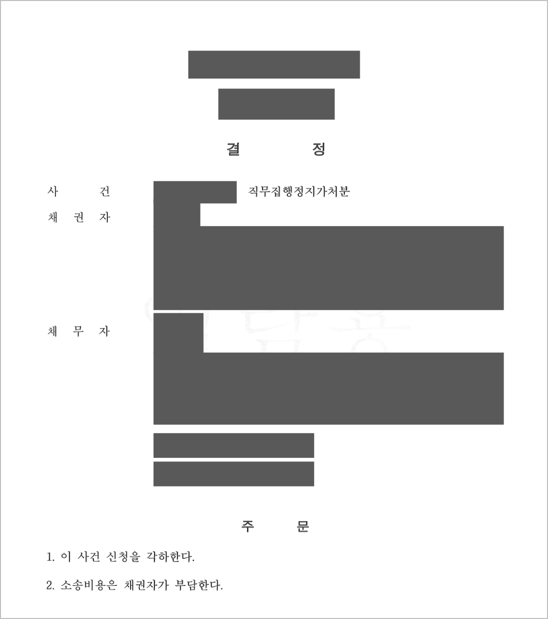 직무집행정지 가처분 각하 결정문 첫 면 — 당사자와 사건 정보를 가린 실제 결정문