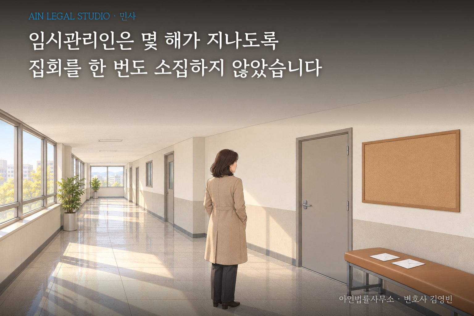 낮의 상가 관리사무소 앞 복도에서 빈 게시판과 닫힌 문을 바라보는 구분소유자, 벤치 위에 놓인 봉투 두 통을 그린 삽화 — 「임시관리인은 몇 해가 지나도록 집회를 한 번도 소집하지 않았습니다」라는 글귀가 얹힌 이미지
