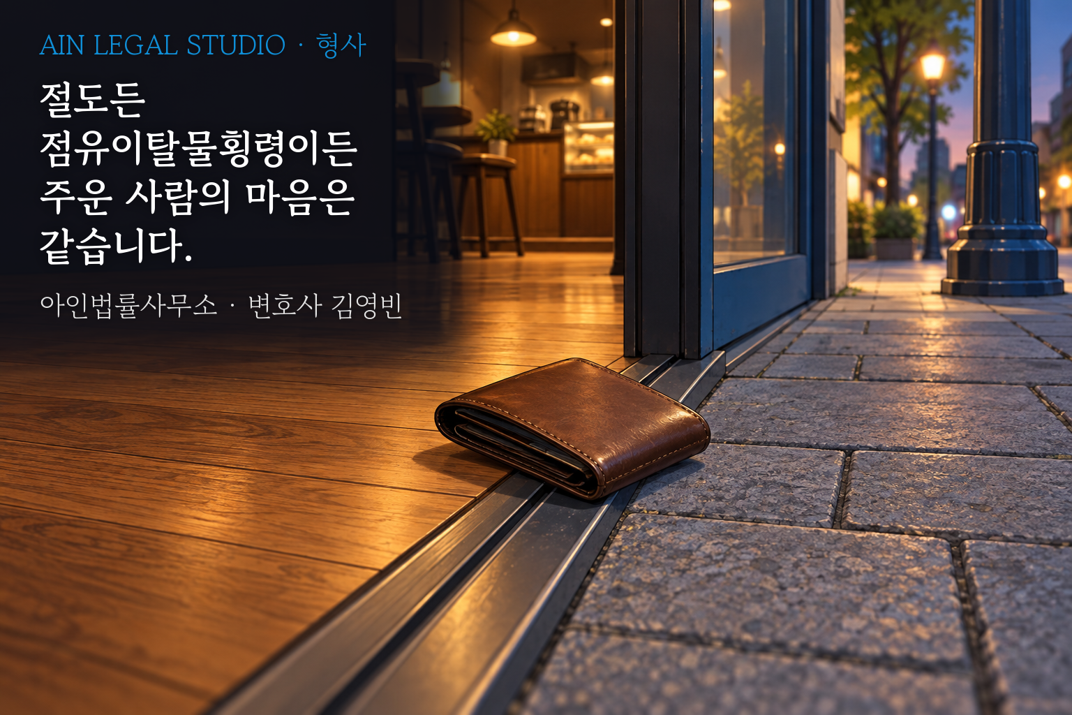 카페 문지방 위에 반은 안, 반은 밖으로 걸쳐 놓인 지갑을 그린 삽화 — 「절도든 점유이탈물횡령이든 주운 사람의 마음은 같습니다」라는 글귀가 얹힌 이미지