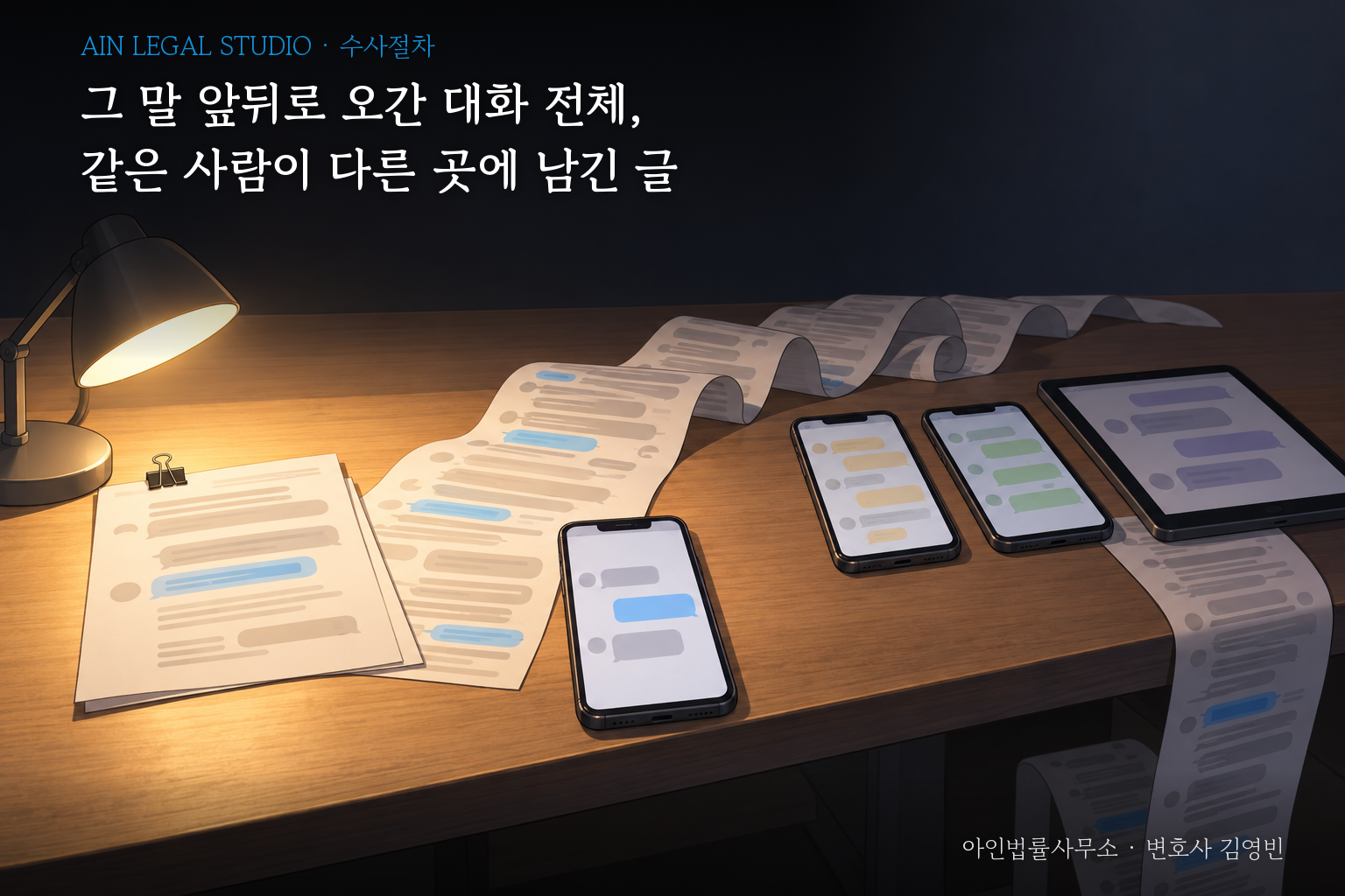 스탠드 불빛 아래 책상 위로 캡처 한 장 뒤에 길게 풀린 대화 기록과 다른 단톡방이 켜진 휴대전화 2대·태블릿을 그린 삽화 — 「그 말 앞뒤로 오간 대화 전체, 같은 사람이 다른 곳에 남긴 글」이라는 글귀가 얹힌 이미지