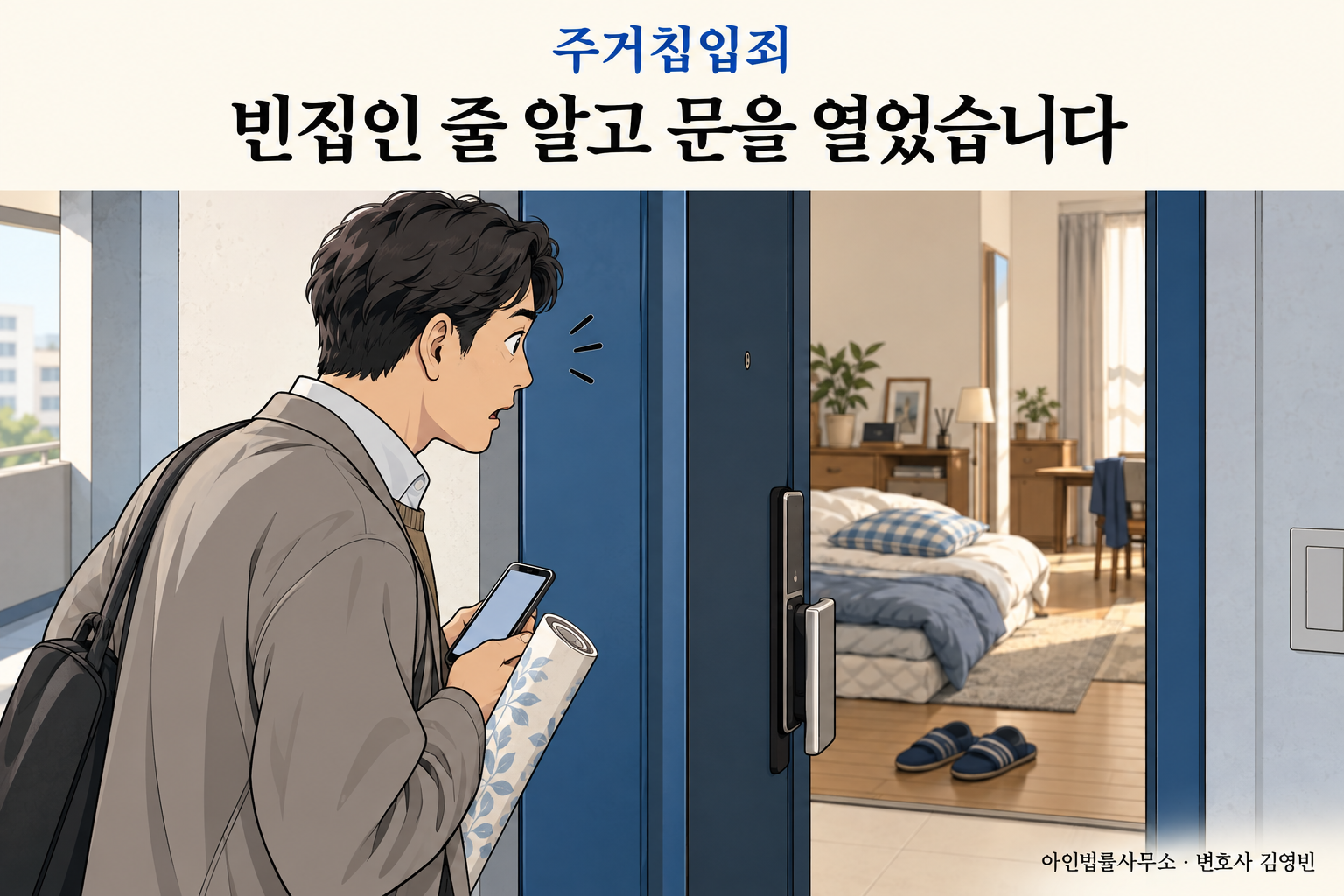 휴대전화를 든 사람이 현관문을 열었다가 침구와 슬리퍼가 남은 집 안을 보고 멈칫하는 장면의 삽화