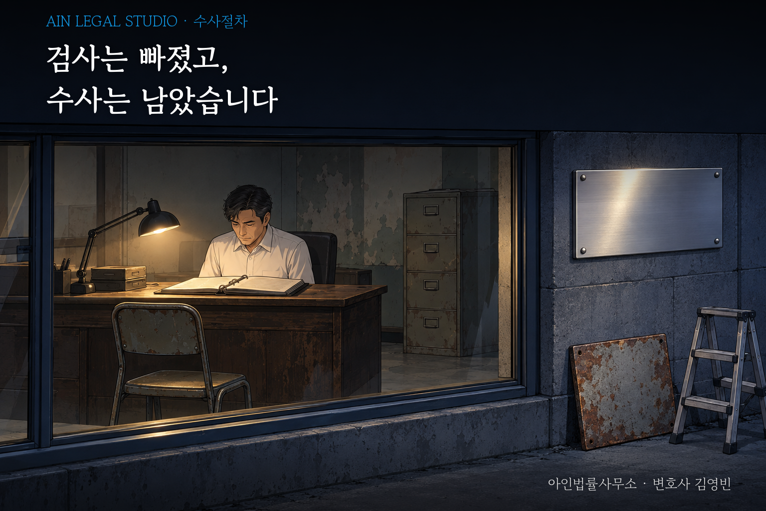 새 현판과 떼어 낸 옛 현판, 창 너머 그대로인 낡은 조사실을 그린 삽화 — 「검사는 빠졌고, 수사는 남았습니다」라는 글귀가 얹힌 이미지