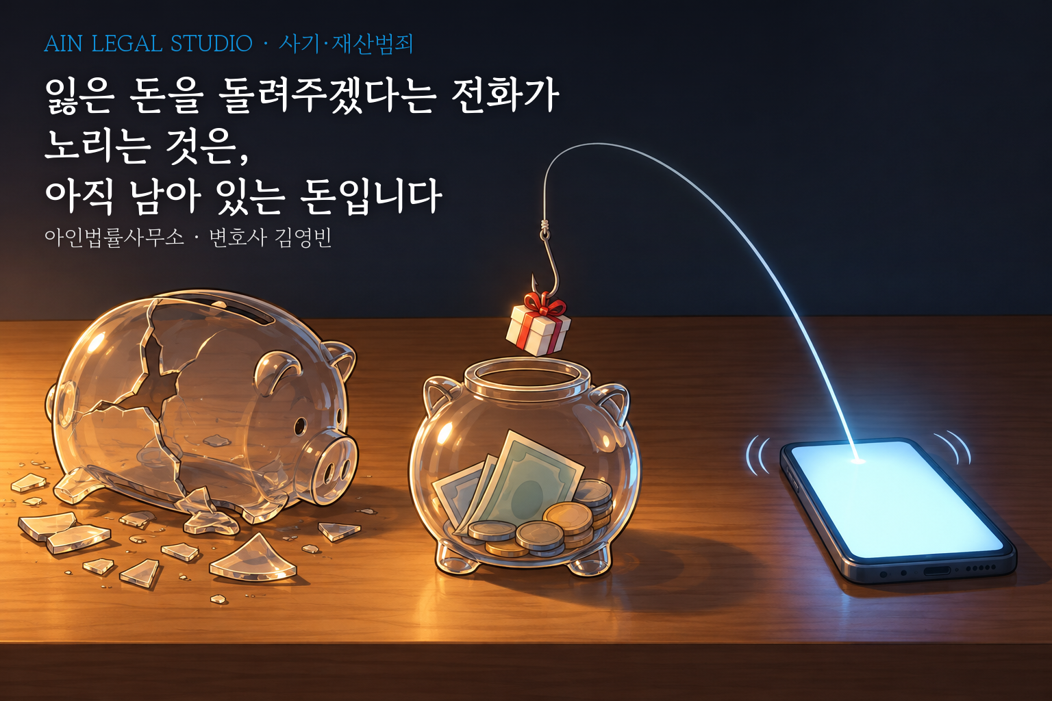 전화가 걸려 온 휴대전화 화면에서 나온 낚싯줄 끝의 미끼 바늘이 아직 남아 있는 돈을 노리는 삽화 — 「잃은 돈을 돌려주겠다는 전화가 노리는 것은, 아직 남아 있는 돈입니다」라는 글귀가 얹힌 이미지