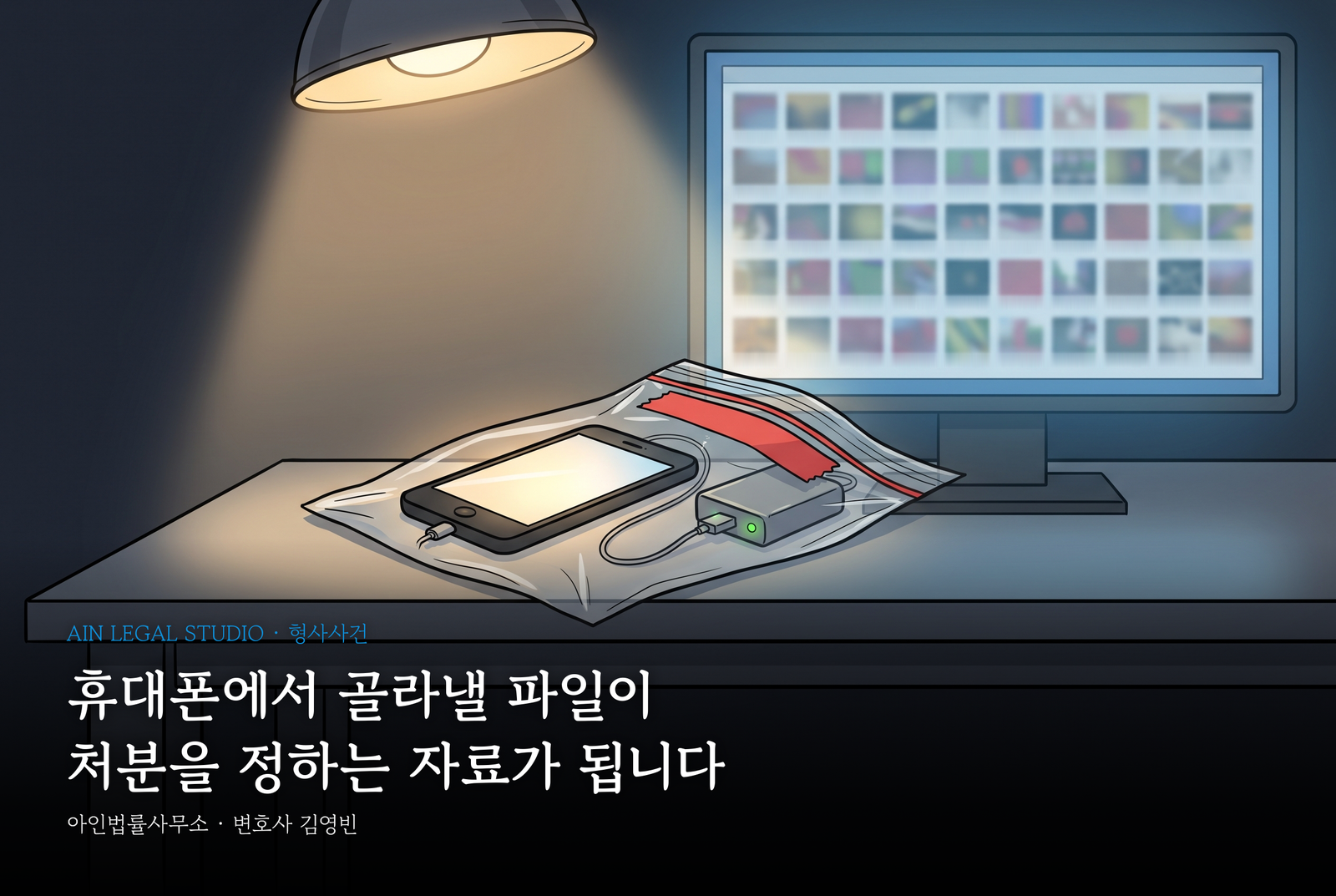 밤의 디지털 증거 분석실, 작업등 아래 봉인 테이프를 붙인 투명 증거 봉투 속 스마트폰과 추출 장비, 뒤편 모니터의 흐릿한 사진 썸네일 격자 — 「휴대폰에서 골라낼 파일이 처분을 정하는 자료가 됩니다」라는 글귀가 얹힌 삽화