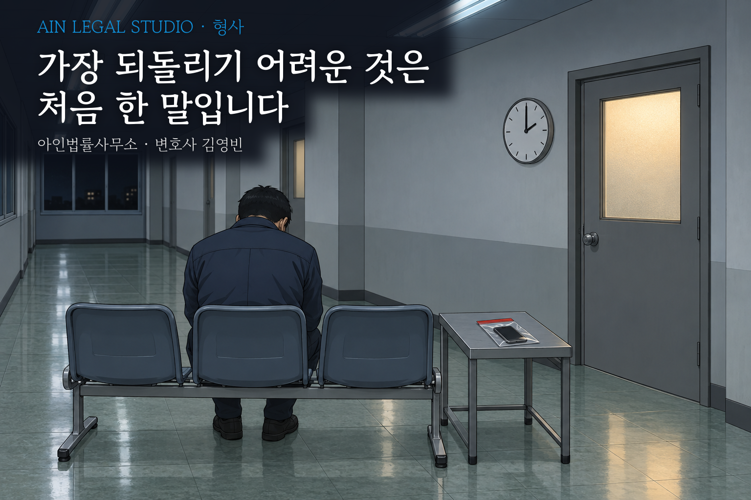 밤의 경찰서 복도 의자에 고개를 숙이고 앉은 사람과 증거 봉투에 든 휴대폰을 그린 삽화 — 「가장 되돌리기 어려운 것은 처음 한 말입니다」라는 글귀가 얹힌 이미지