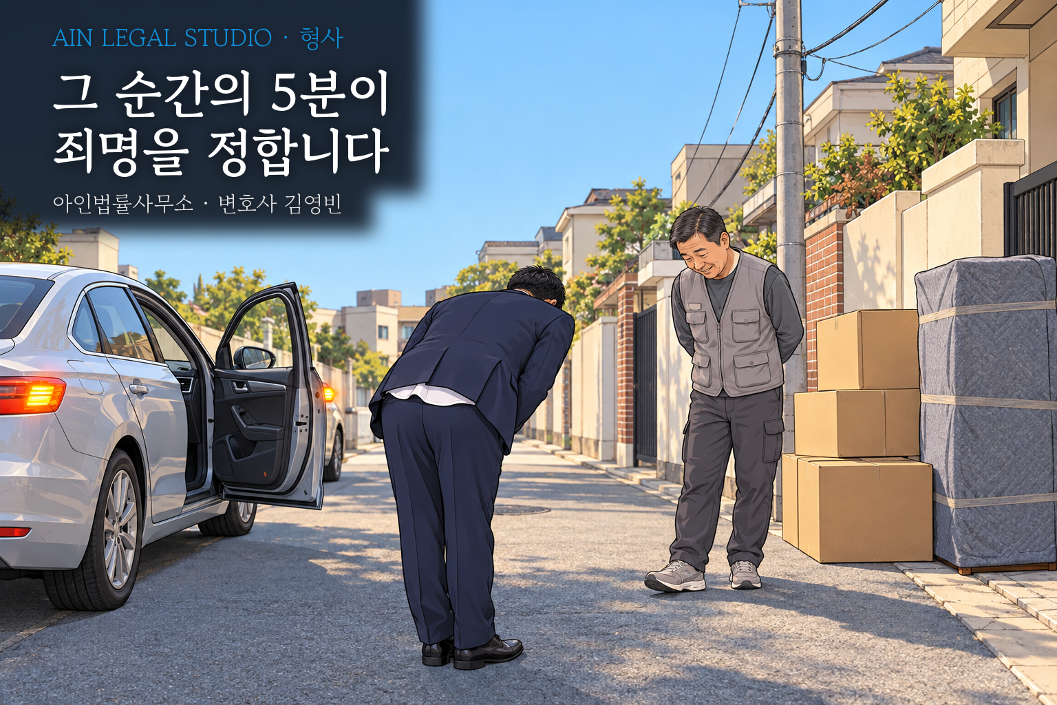 주택가 골목에 차를 세우고 내려 이삿짐 작업자에게 허리 숙여 사과하는 운전자를 그린 삽화 — 「그 순간의 5분이 죄명을 정합니다」라는 글귀가 얹힌 이미지