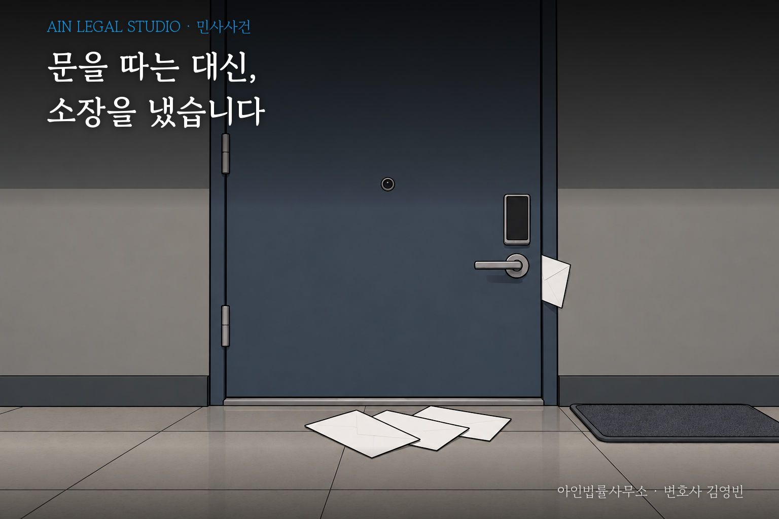 사람 없는 아파트 복도, 디지털 도어록이 달린 꽉 닫힌 철제 현관문과 문 앞에 쌓인 봉투 4장을 그린 삽화 — 「문을 따는 대신, 소장을 냈습니다」라는 글귀가 얹힌 이미지