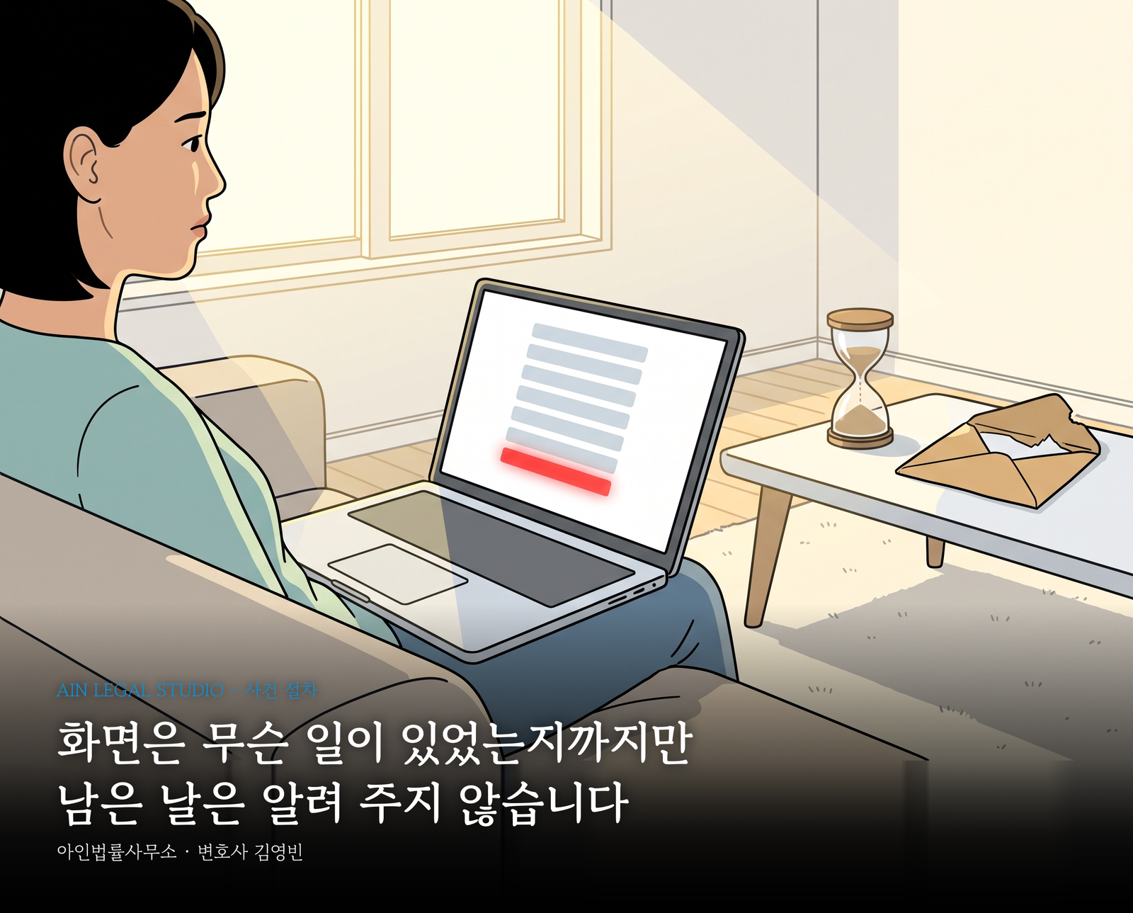 햇빛이 드는 낮 거실 소파에서 노트북 화면을 보는 여성의 옆모습, 목록 맨 아래 줄만 붉게 표시된 화면과 옆 탁자의 모래시계·뜯은 봉투 — 「화면은 무슨 일이 있었는지까지만 / 남은 날은 알려 주지 않습니다」라는 글귀가 얹힌 삽화